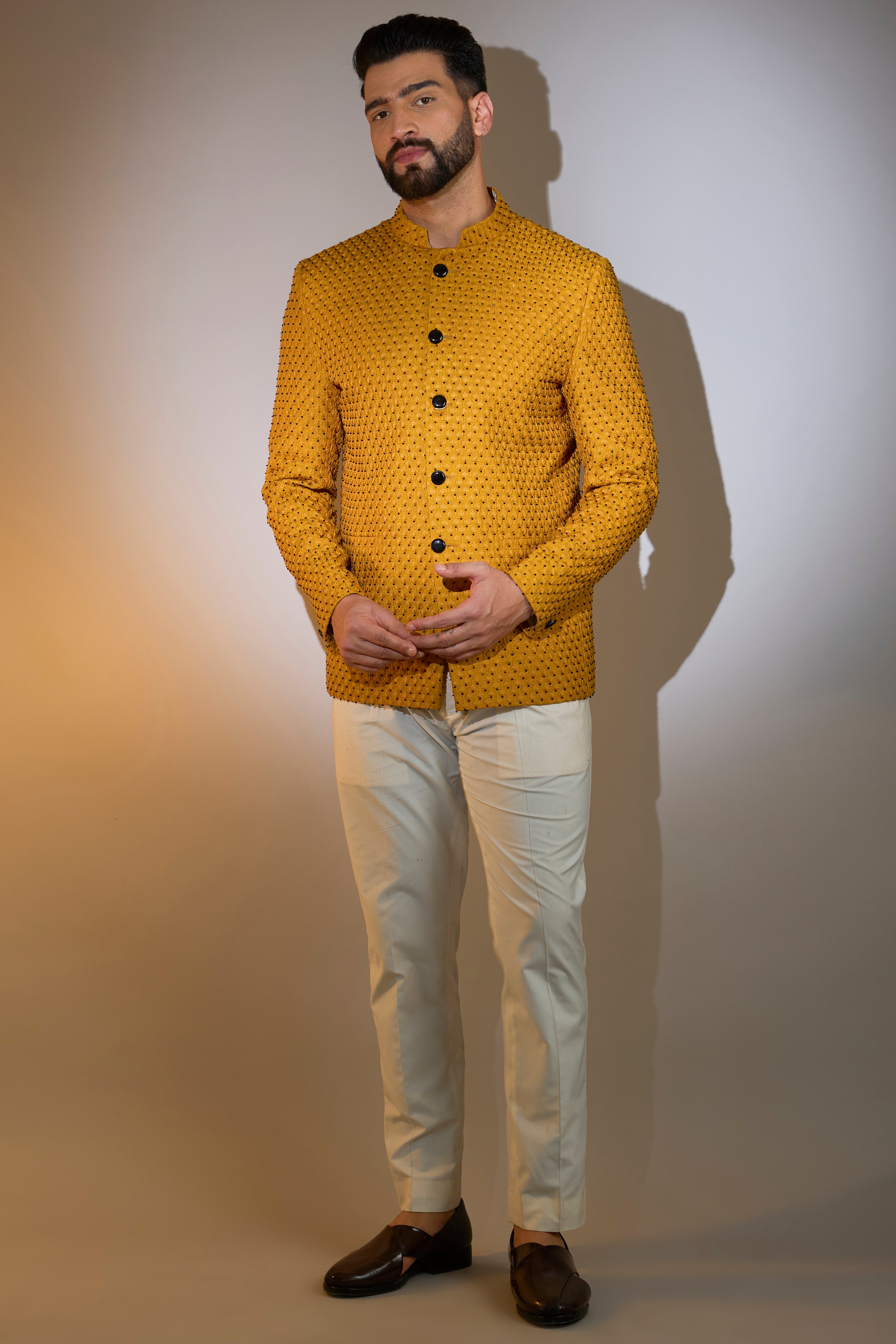 Exquisite Mustard Bandhgala with Intricate Cut Dana Embroidery - Perfect for Weddings, Festivals & Special Occasions