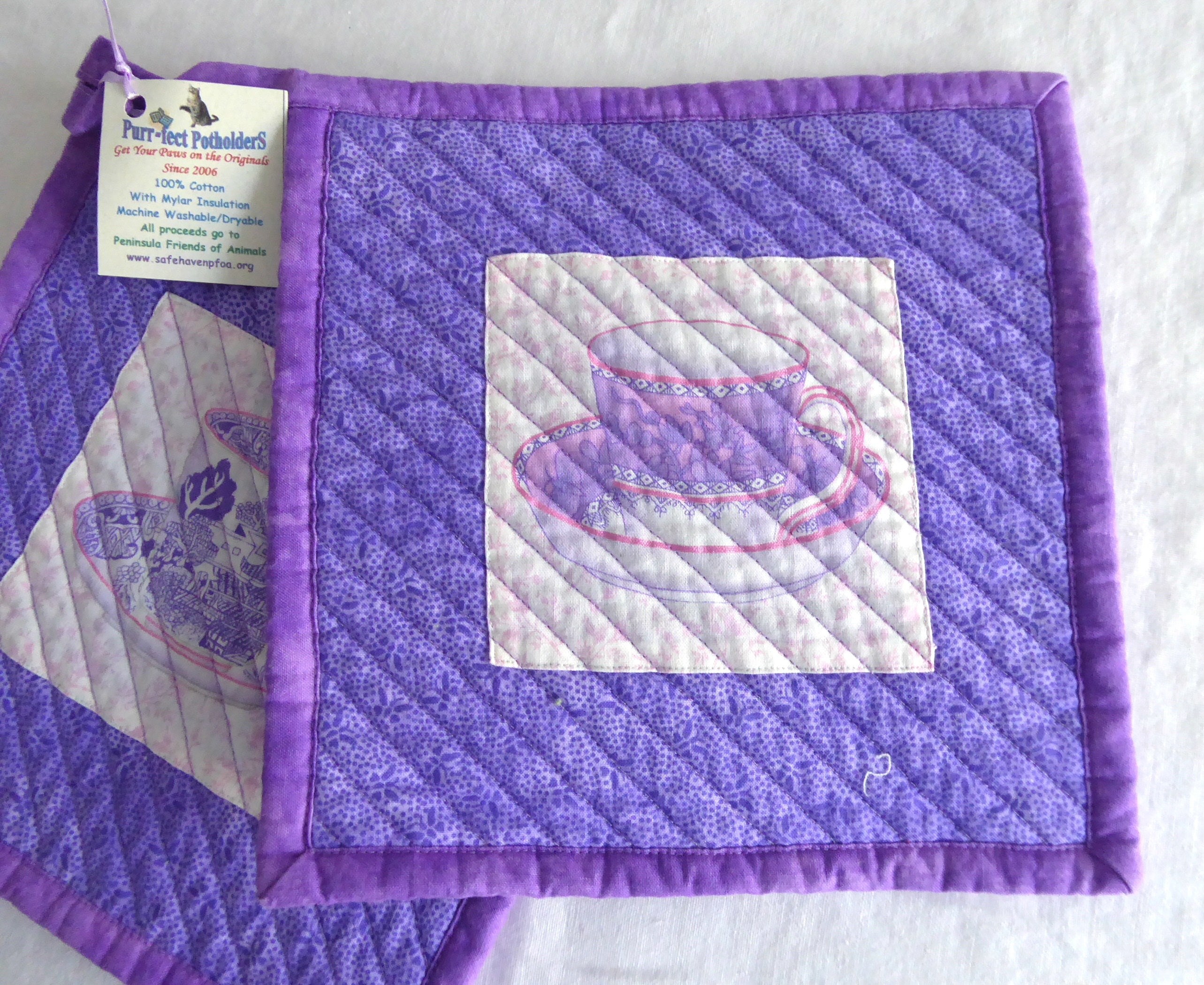 Handmade Purple Lavender Teacup Themed Potholders Set of 2 - Heat Resistant Kitchen Accessories for Baking, Cooking & Home Decor - Supports Animal Charity