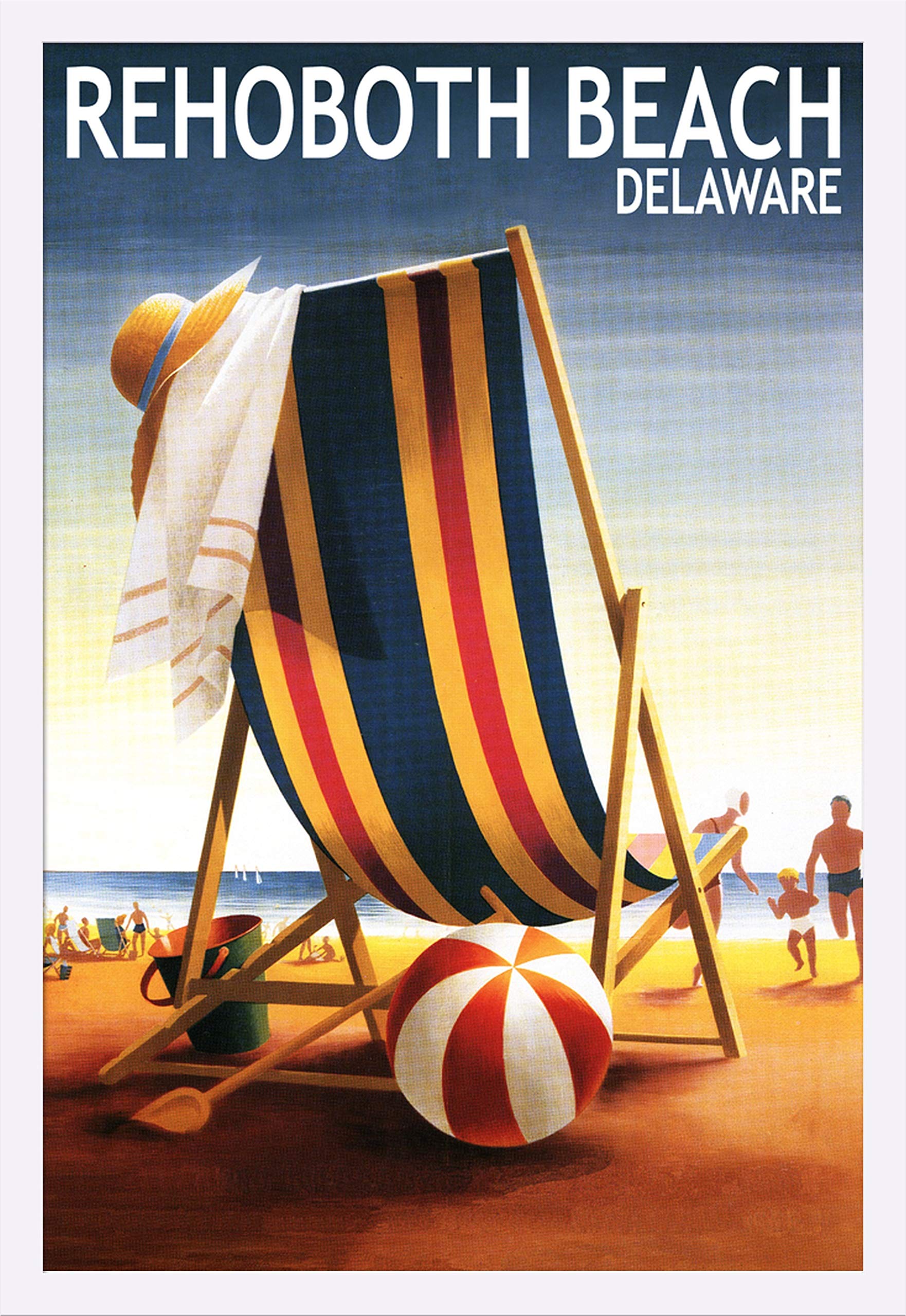 Delaware Beach Chair and Ball Art Print - 24x36 Giclee Gallery Framed in White Wood - Coastal Wall Decor for Living Room, Bedroom & Office