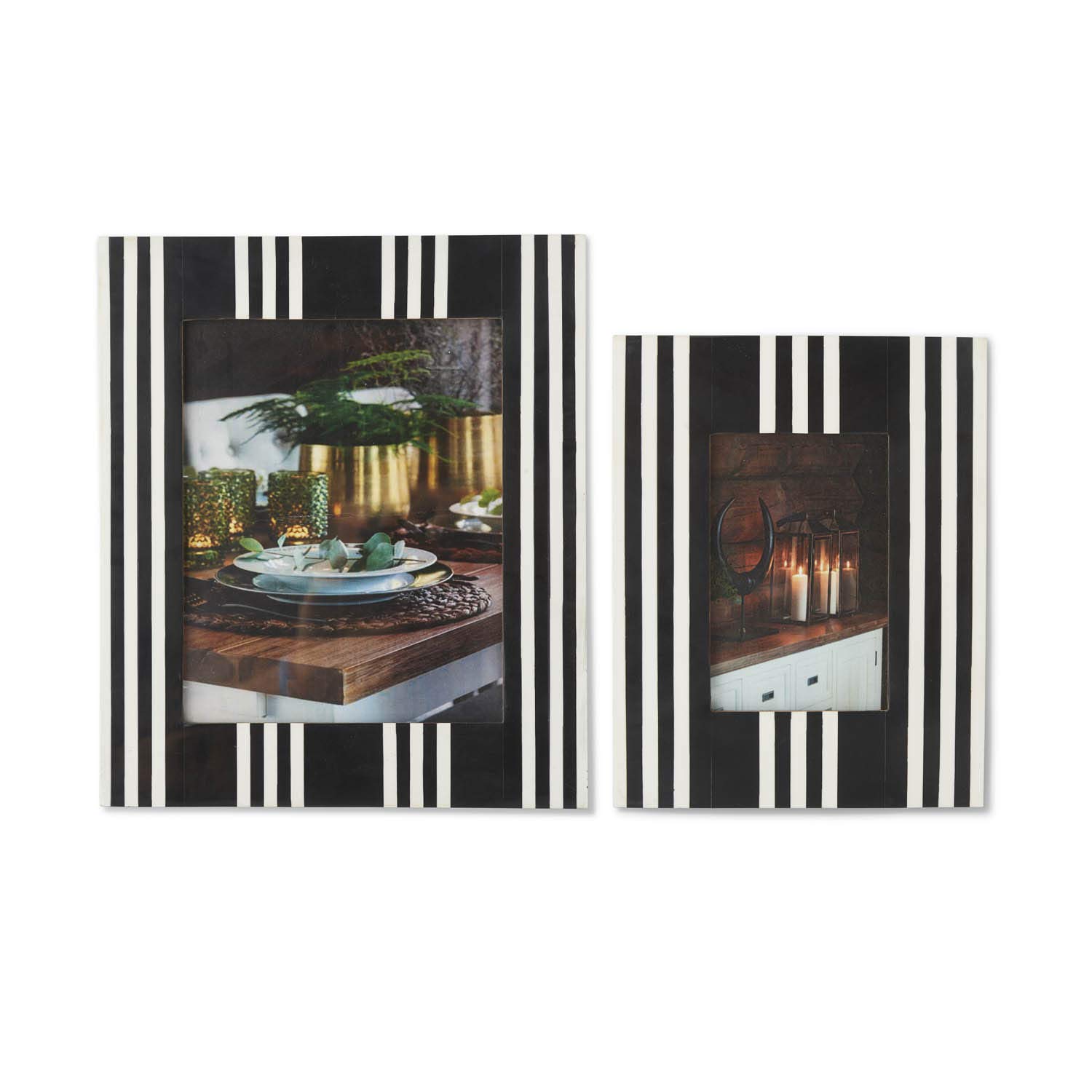 K&K Interiors Set of 2 Black and White Striped Wooden Photo Frames - Graduation Sizes 5x7 & 8x10 - Perfect for Displaying Graduation Photos, Home Decor, and Office Wall Art