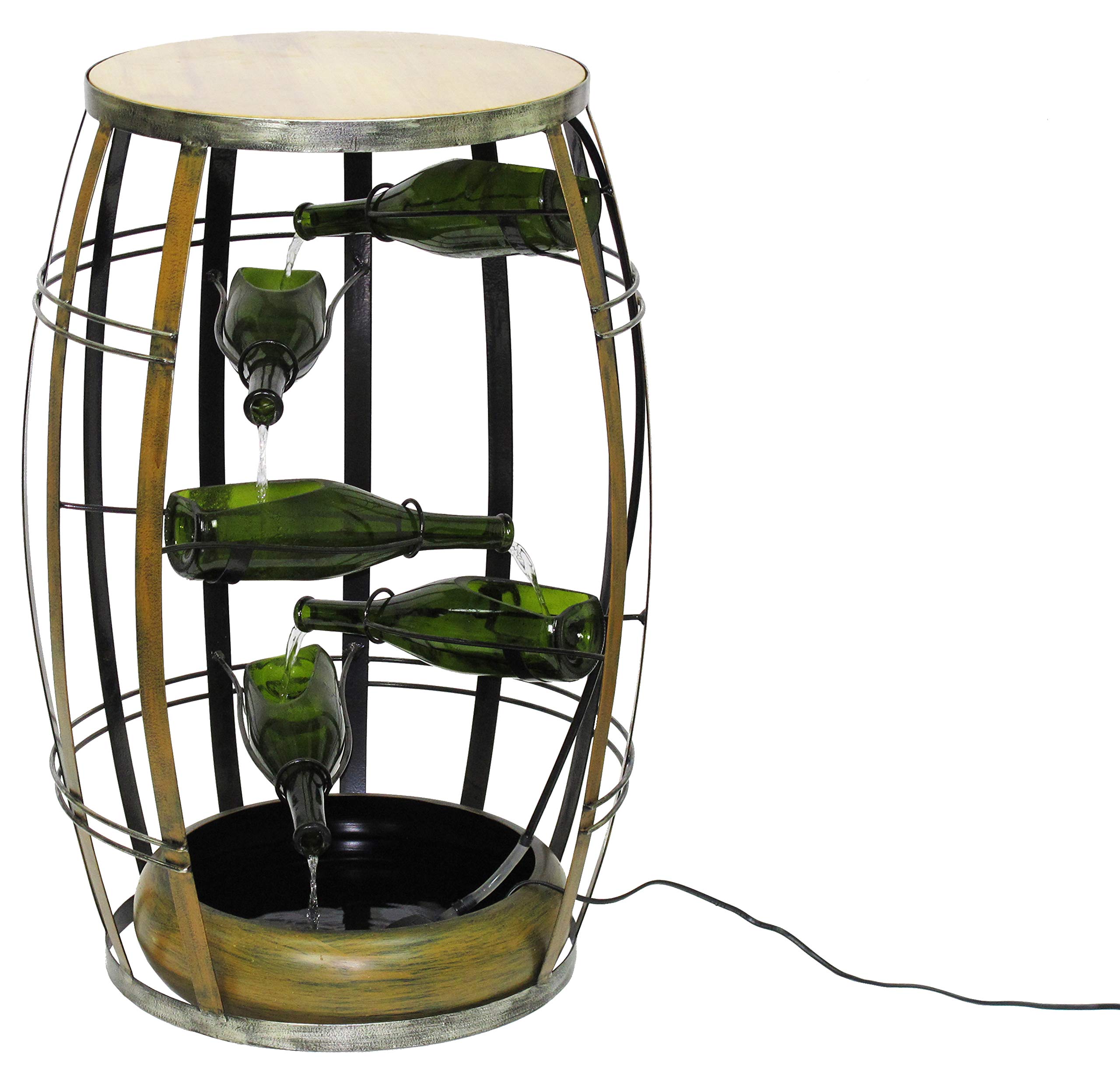 Vintage Metal Barrel Cascading Waterfall Floor Fountain with Tiered Wine Bottles - Outdoor Garden Decor for Patio, Yard & Landscape (Relaxing Water Feature)