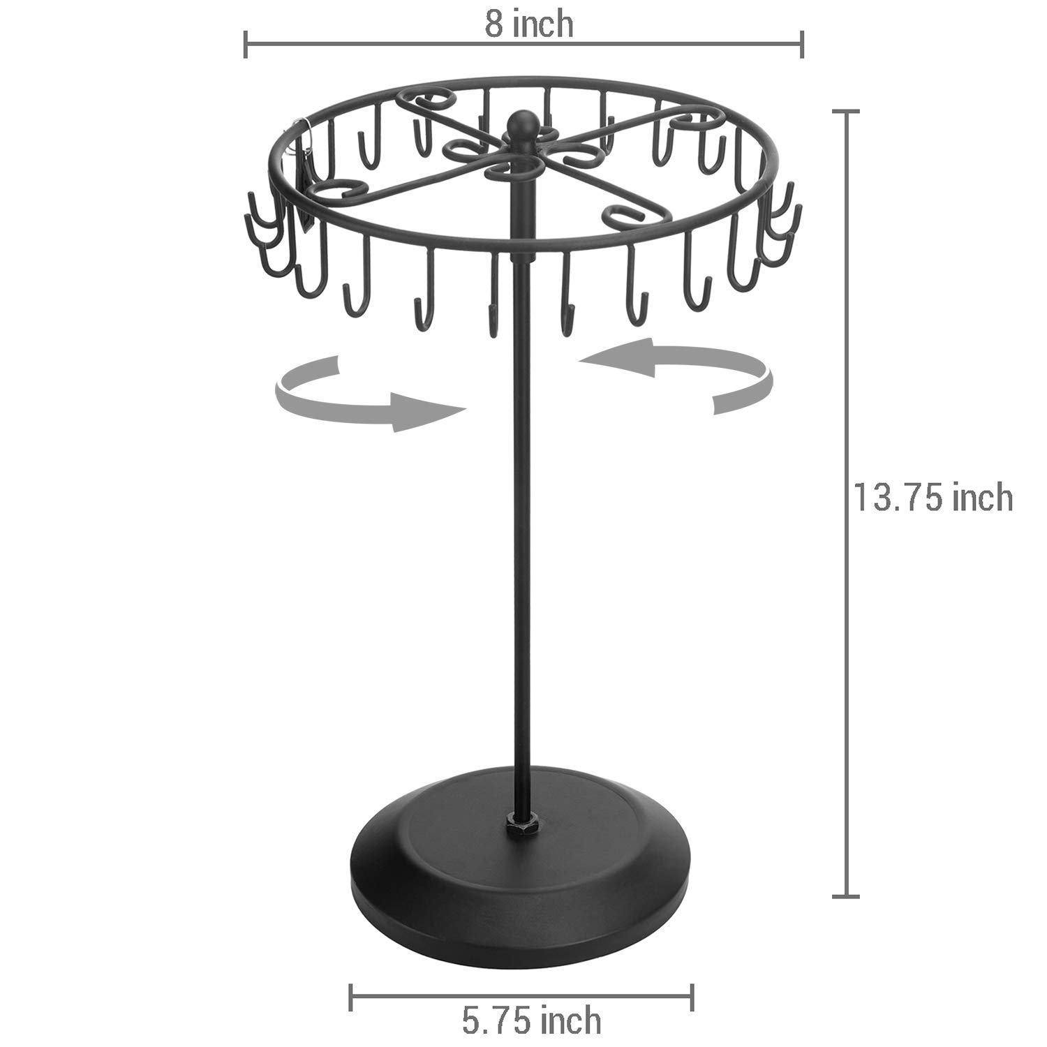 MyGift Black Metal Rotating Jewelry Stand Organizer - 24 Hook Freestanding Display Tree for Bracelets, Necklaces & Earrings | Perfect for Bedroom, Boutique & Jewelry Store Organization