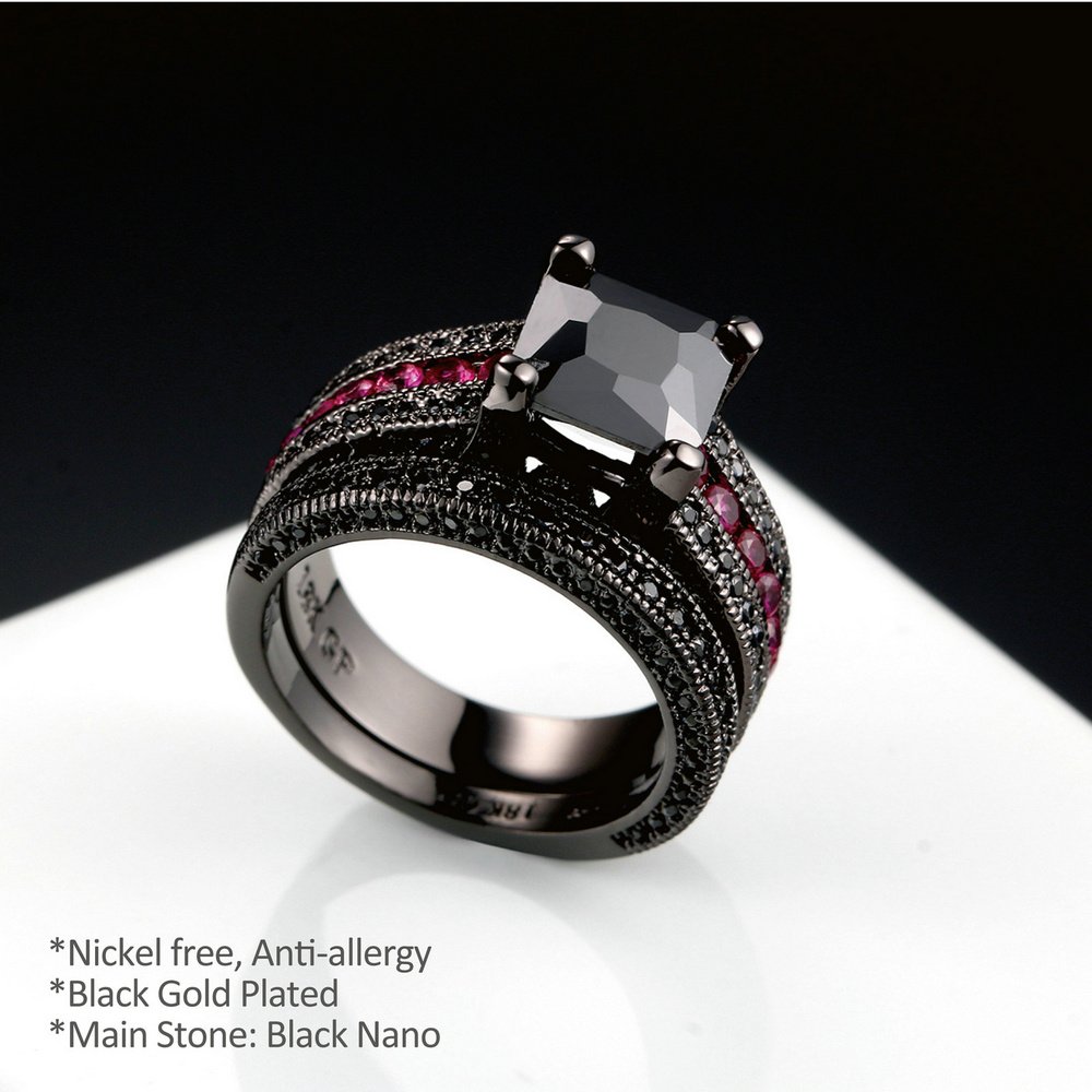 18K Black Gold Princess Cut Cubic Zirconia Engagement Ring Set - Wedding Promise Band, Anniversary Jewelry Gift for Her - Perfect for Proposals, Bridal Sets & Romantic Occasions