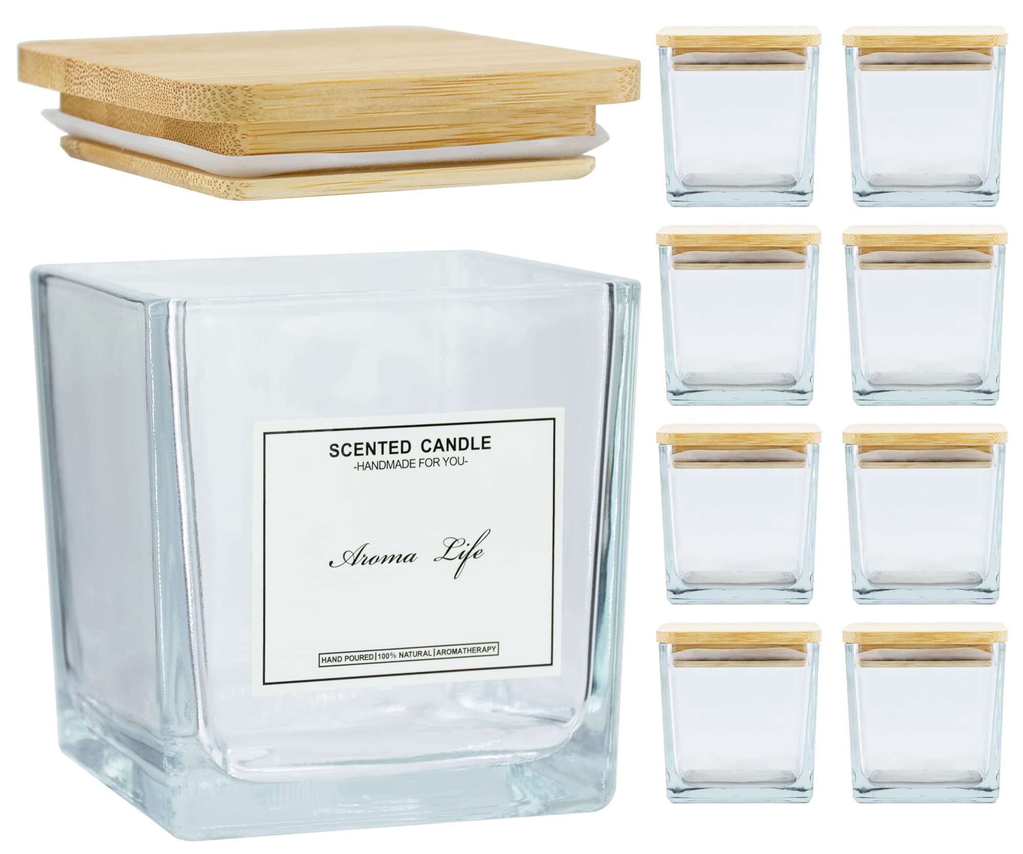 Creahaus 9-Pack 10oz Square Candle Jars with Bamboo Lids - Thickened Glass Containers for DIY Candle Making, Home Decor & Gifts - Includes Warning Labels - Perfect for Soy Wax, Essential Oils & Craft Projects