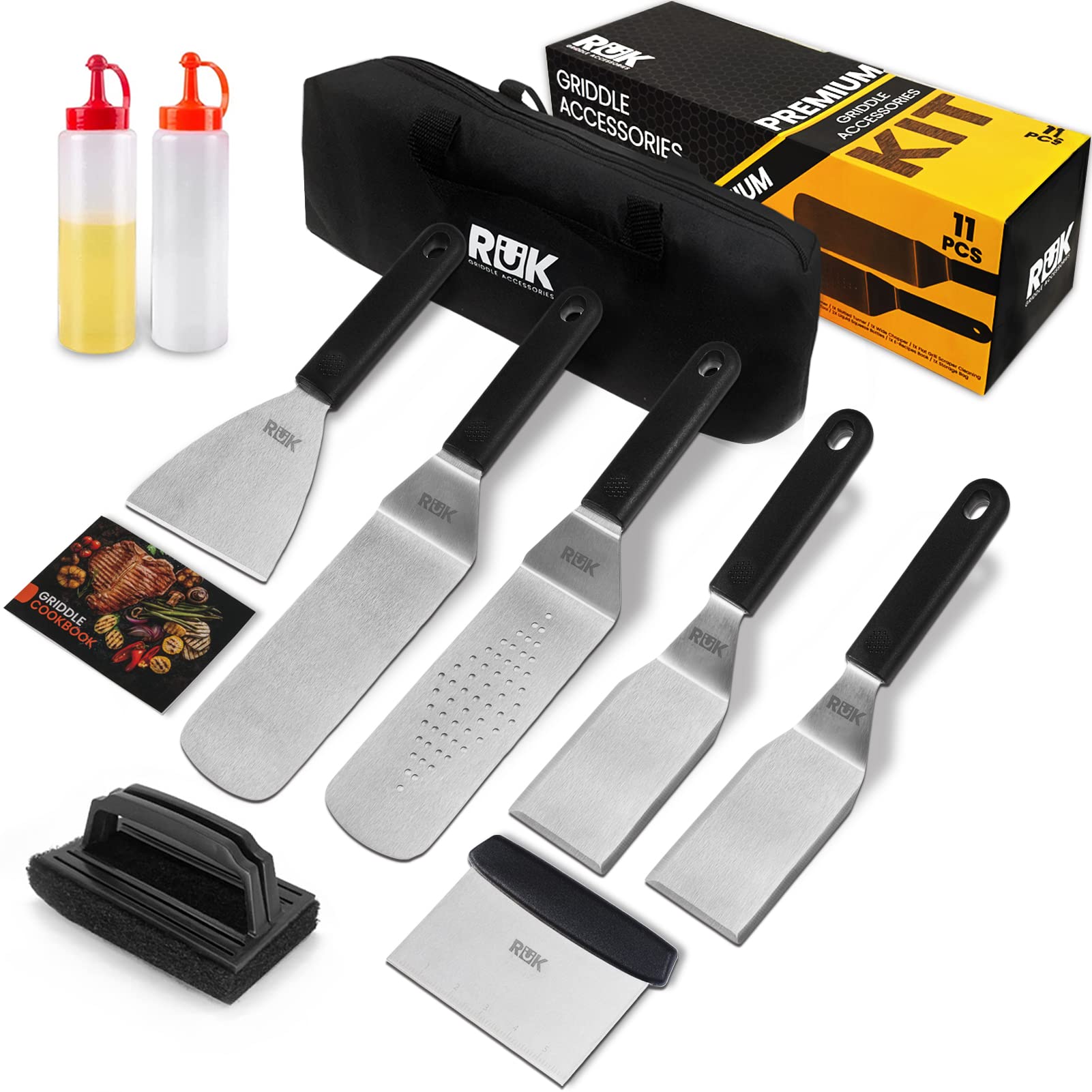 Blackstone Griddle Accessories Kit - 11-Piece Flat Top Griddle Set with Heat-Resistant Long Handle Spatula, Scraper & Cleaning Tools + Free E-Cookbook | Compatible with Blackstone & Camp Chef Griddles | Perfect for Outdoor Cooking, Camping & Backyard BBQs