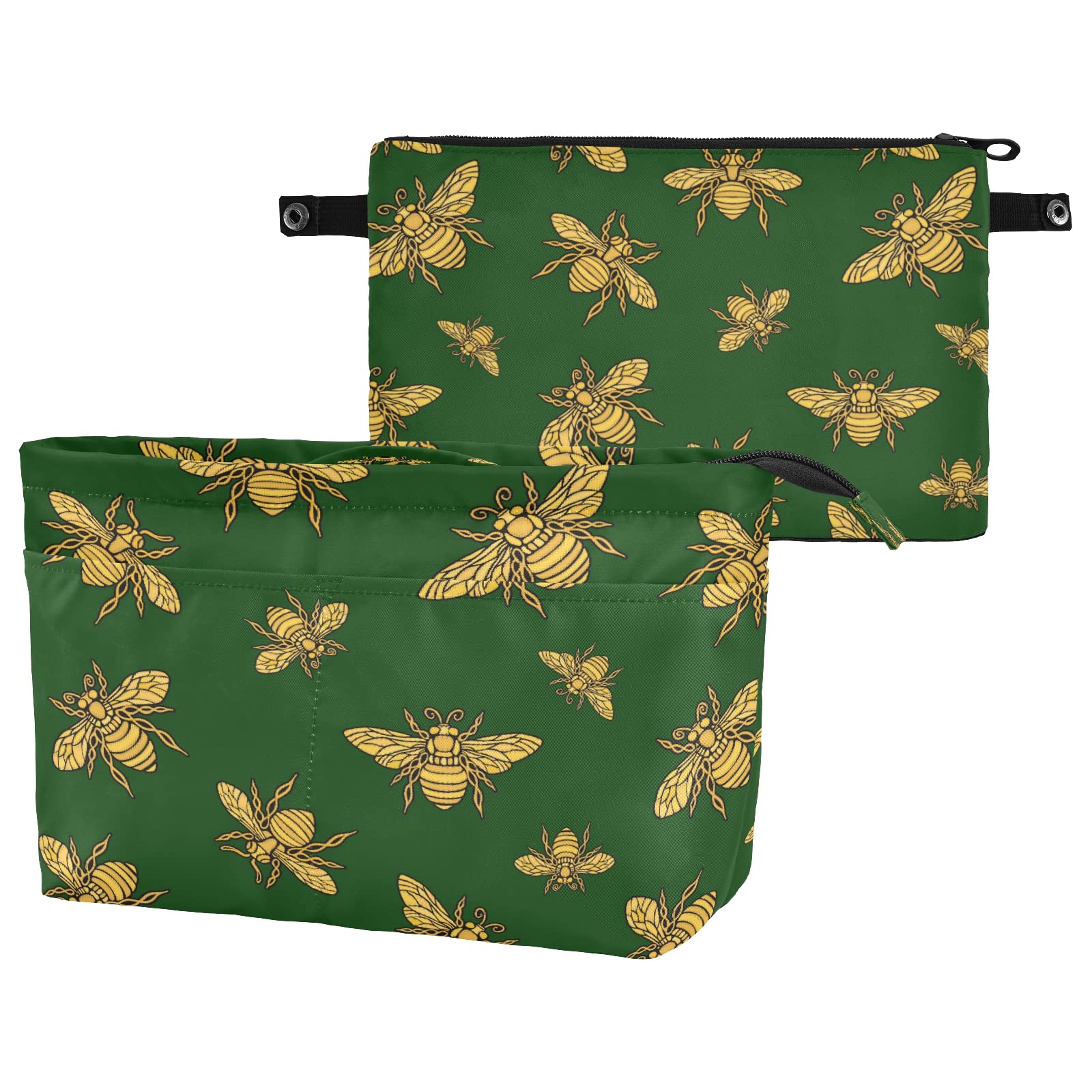 Honey Bee Green Purse Organizer Insert for Handbags - Multi-Pocket Tote Bag Organizer with Handle & Zipper - Large Size Handbag Insert for Travel, Work & Daily Use