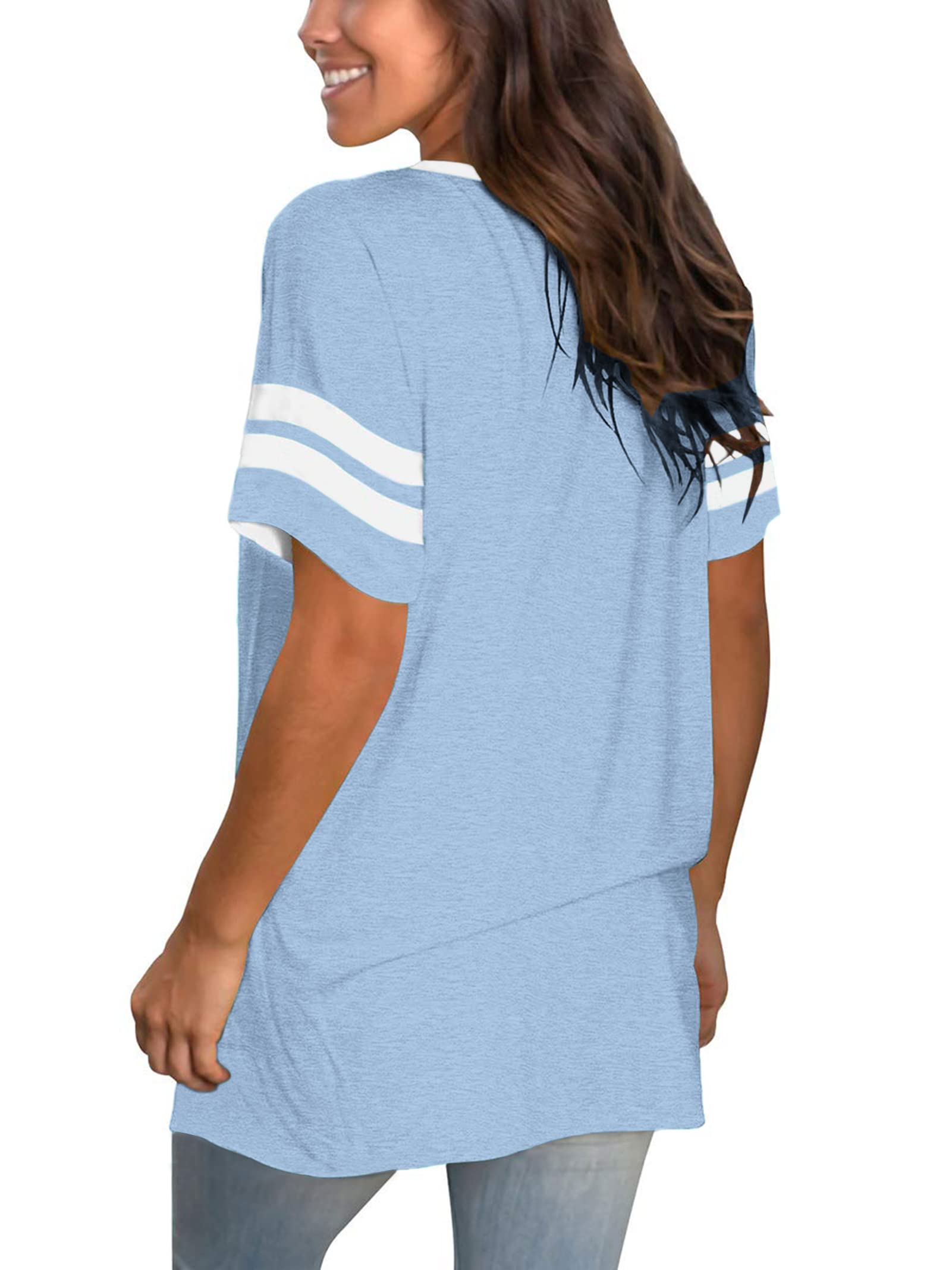 Women's Summer V-Neck Short Sleeve T-Shirt - Loose Fit Casual Top with Pocket - Sky Blue | Perfect for Beach, Vacation & Everyday Wear