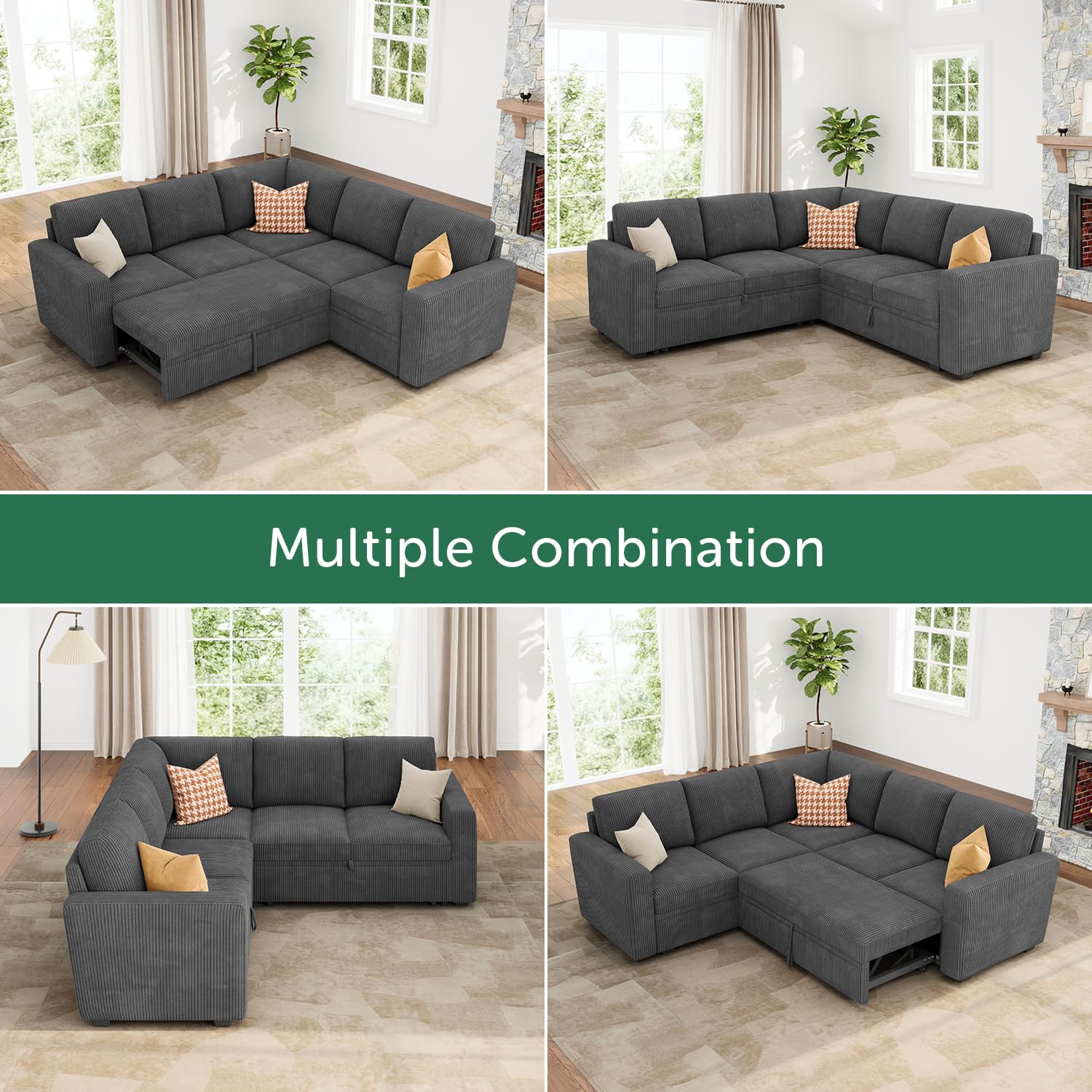 HONBAY Modular Sectional Sleeper Sofa with Pull Out Bed - L Shaped Corduroy Couch with Storage Seats, Convertible Sectional Sofa for Living Room, Dark Grey - Perfect for Small Spaces, Guest Rooms & Apartments
