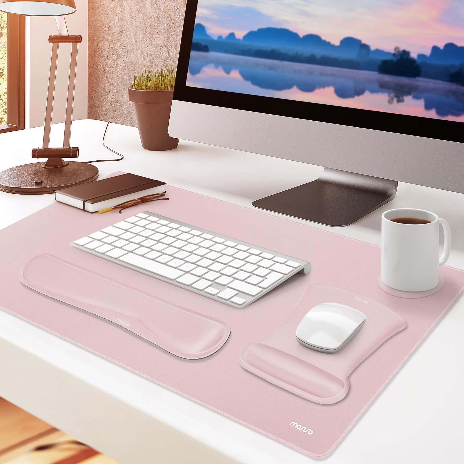 MOSISO Gaming Mouse Pad Set with Wrist Rest - Ergonomic Non-Slip for Home Office & PC Gaming, Pink