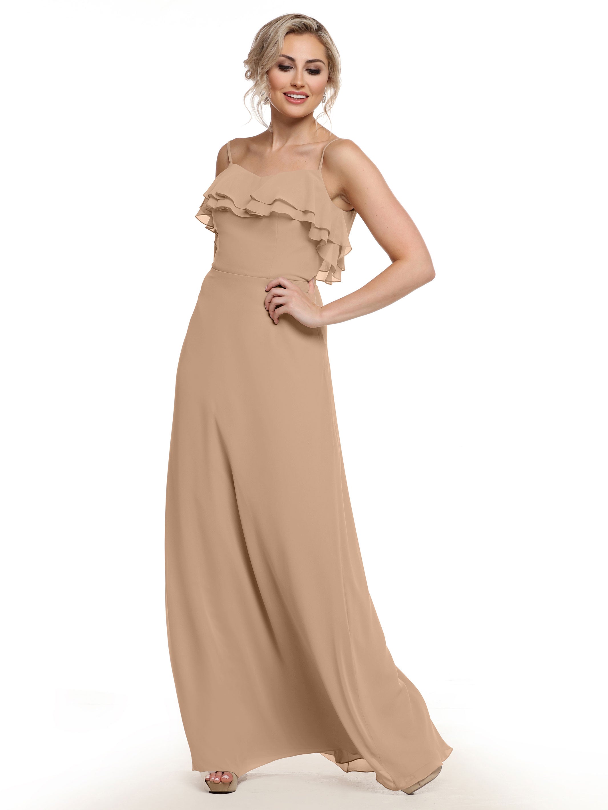 Elegant 80146 Sheath Chiffon Bridesmaid Dress with Ruffled Neckline - Perfect for Weddings, Formal Events & Special Occasions