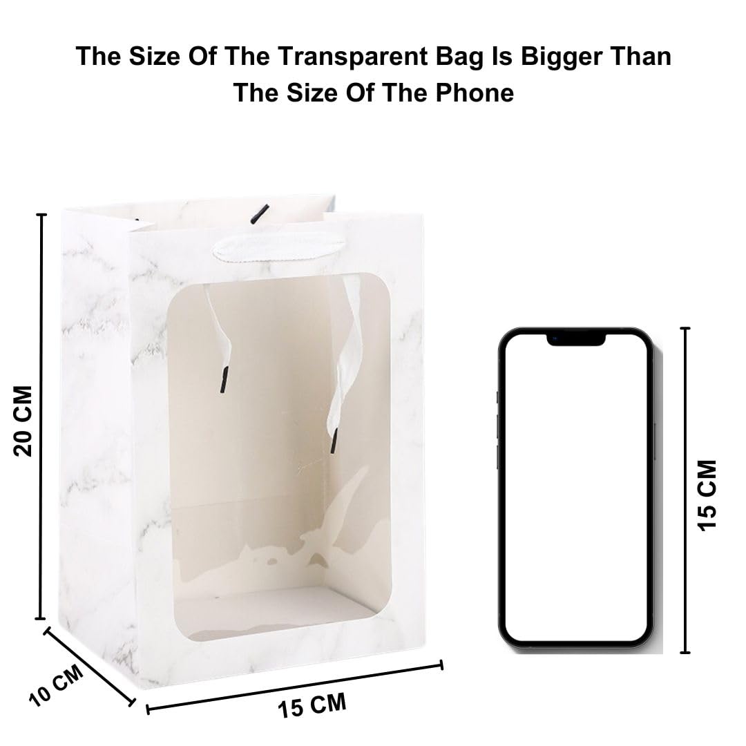 6-Piece Marble Print Transparent Gift Bags with Handles - Elegant Goodie Bags for Shopping, Weddings, Birthdays & Special Events | Perfect for Valentine's Gifts, Engagement Presents & Party Favors (White, Small)