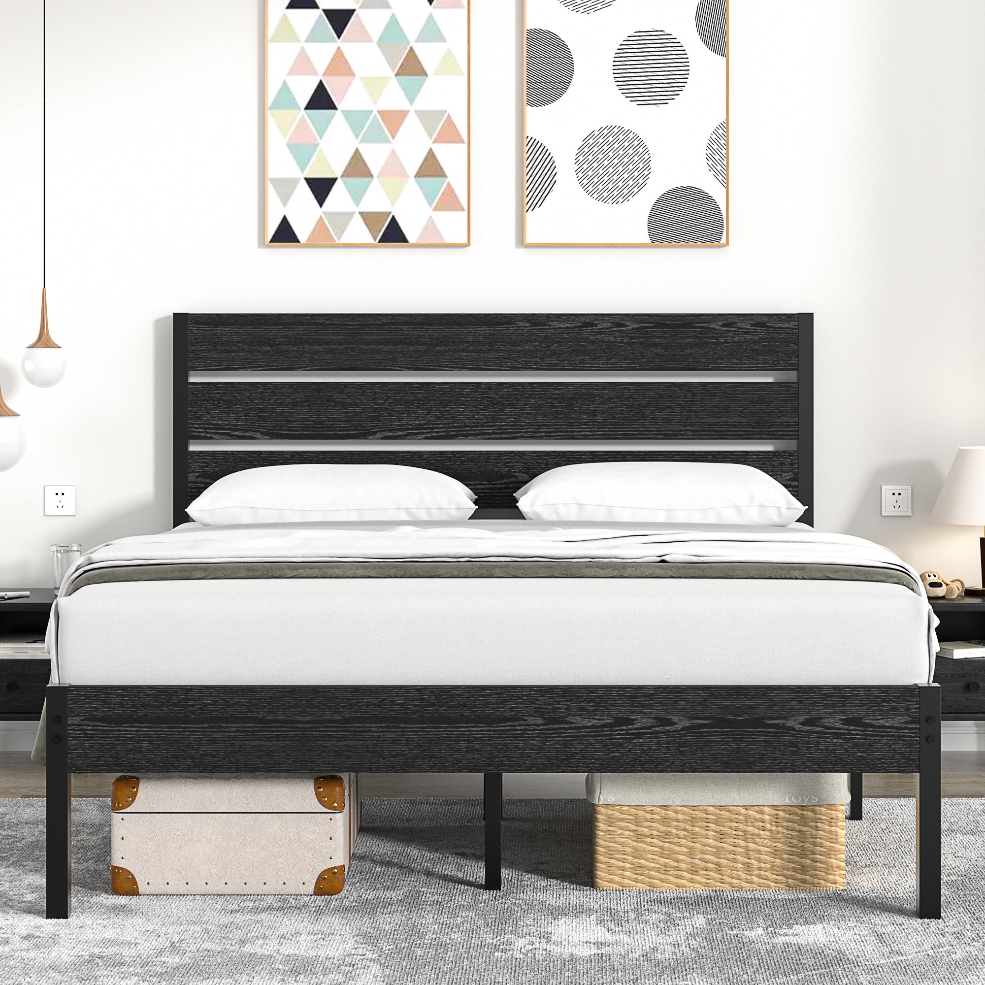 VECELO Queen Size Bed Frame with Wooden Headboard & Footboard - Heavy Duty Metal Platform Frame with Slat Support System, 12 Inch Under Bed Storage Space, No Box Spring Required in Rustic Black Finish | Perfect for Master Bedrooms, Guest Rooms & Small Apartments