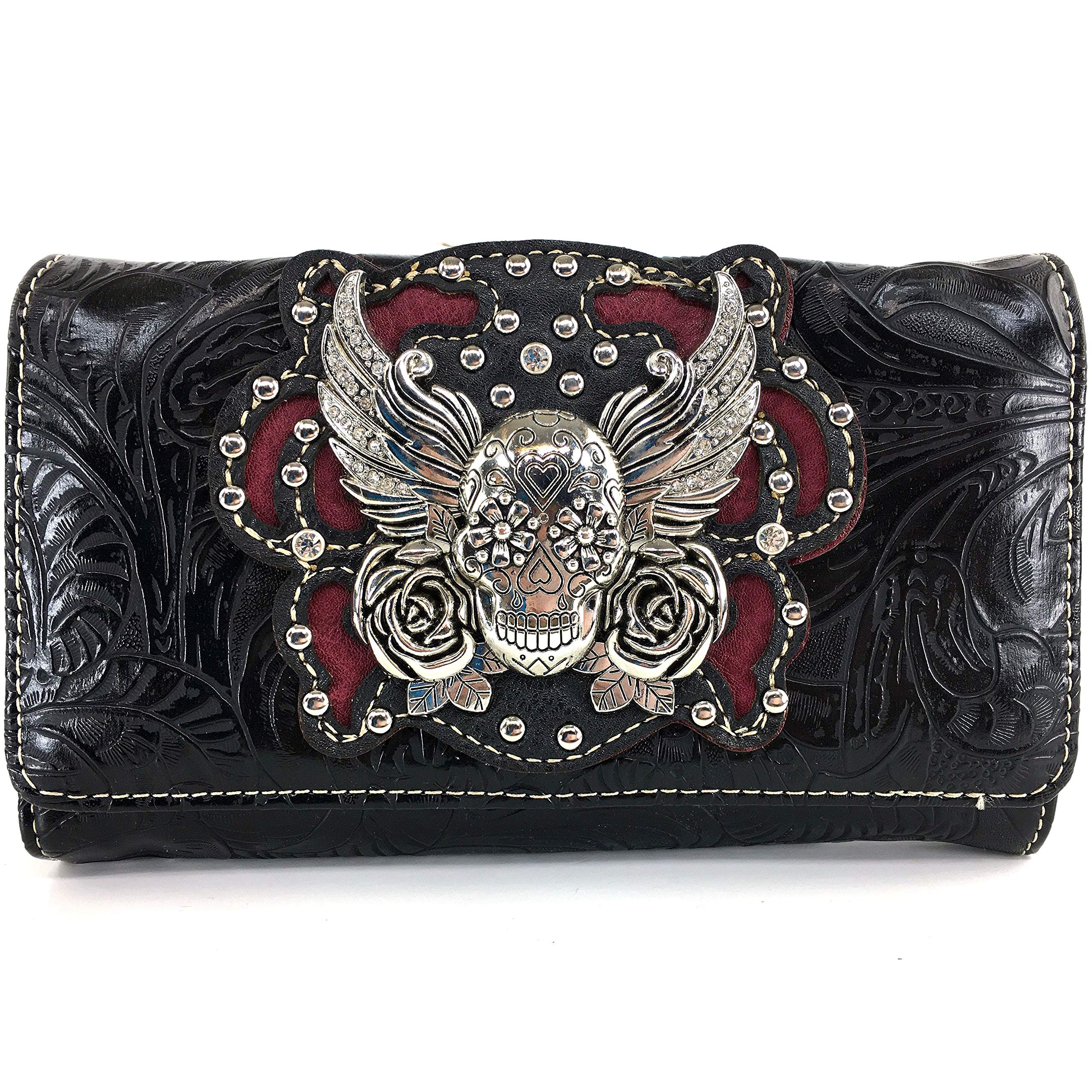 Zelros Sugar Skull Roses Angel Wing Women's Crossbody Wristlet Trifold Wallet - Stylish Gothic Fashion Accessory for Parties, Concerts & Everyday Use