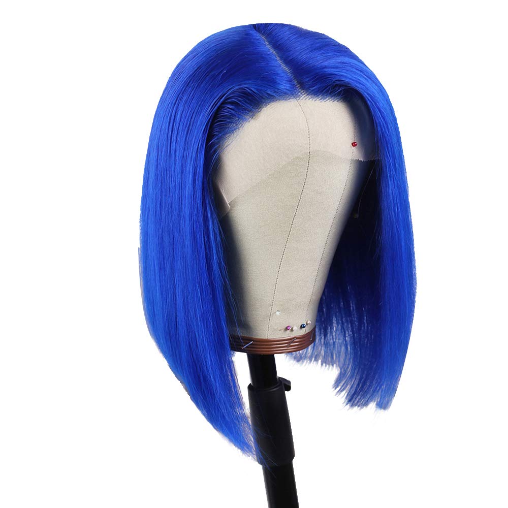 Brazilian Blue Human Hair Bob Wig 13x4 Lace Front for Women - 10 Inch Pre Plucked Silky Straight Middle Part with Baby Hair, 180% Density, Bleached Knots, HD Transparent Lace - Perfect for Cosplay, Parties, and Daily Fashion Styling