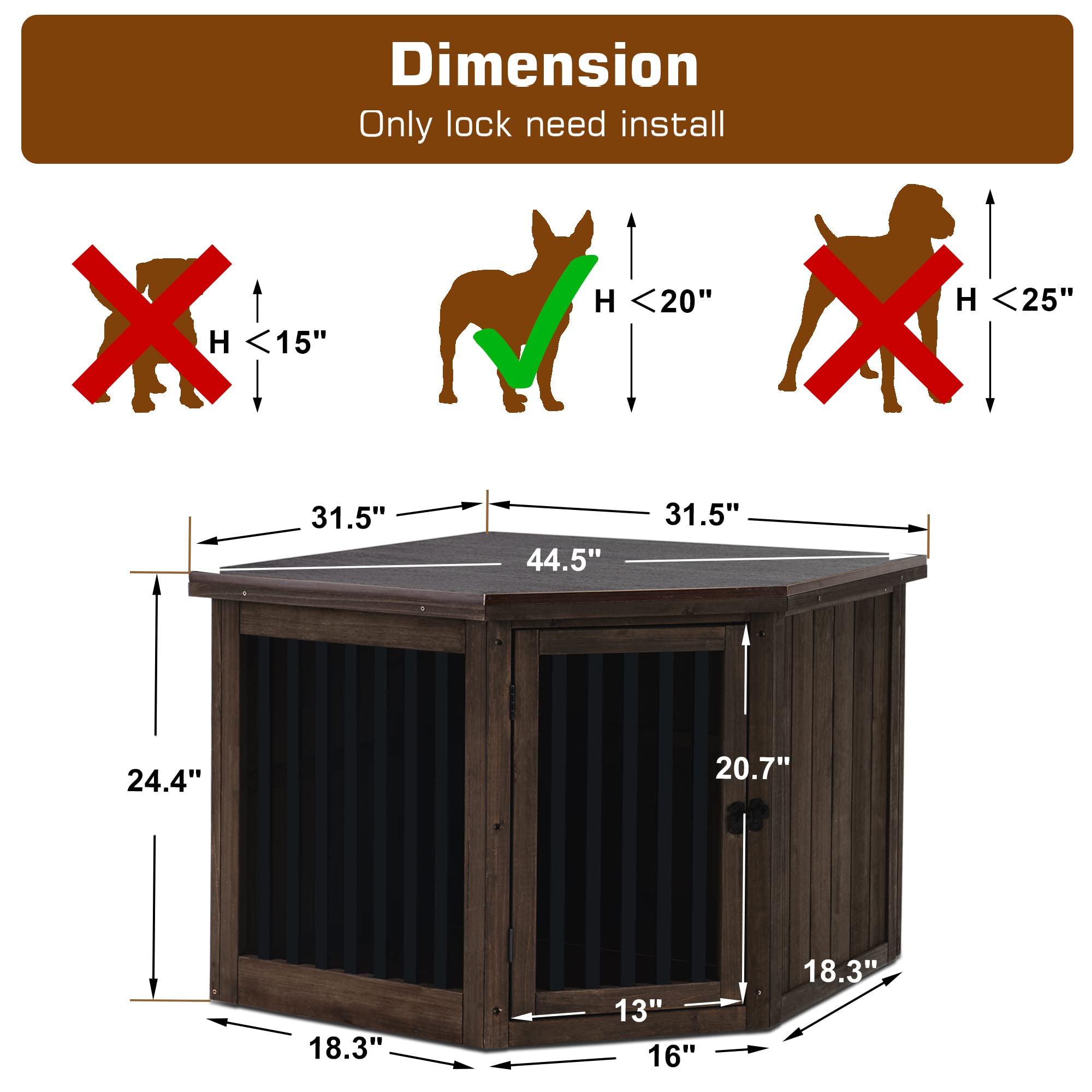 MCombo Corner Dog Crate - Wooden Pet Kennel with Door, Indoor Dog House End Table for Small to Medium Dogs (Medium, Brown) - Perfect for Living Room, Bedroom & Apartment Decor
