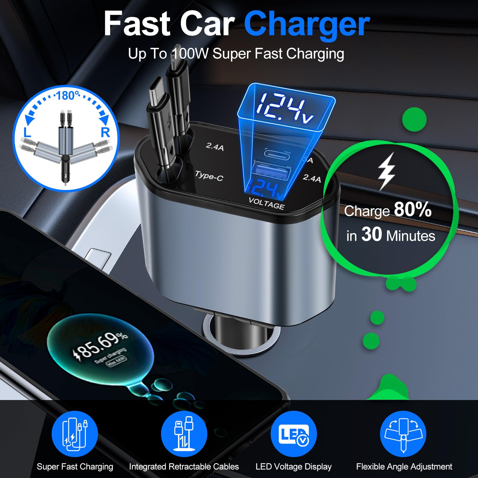 Lostrain Retractable Car Charger - Fast 4-in-1 USB C Car Phone Charger with 2 Retractable Cables (Type C & Lightning) & 2 USB Ports - Compatible with iPhone 15/14/13, Samsung Galaxy S23/S22, Google Pixel, iPad - Perfect for Road Trips, Commuting & Travel Charging