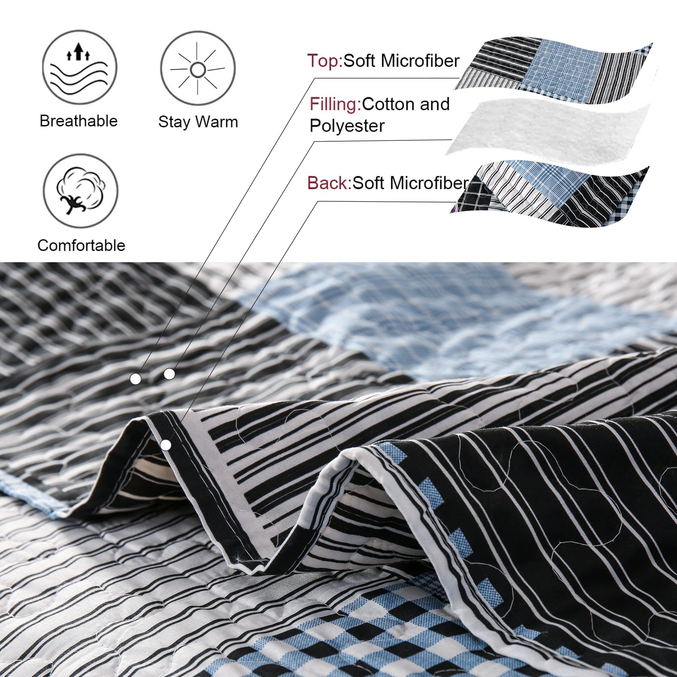 **King Size Reversible Quilt Set - Lightweight Plaid Patchwork Bedspread Coverlet for Men, Black & White Stripe Modern Home Collection | Cozy Bedroom Upgrade & Guest Room Decor**