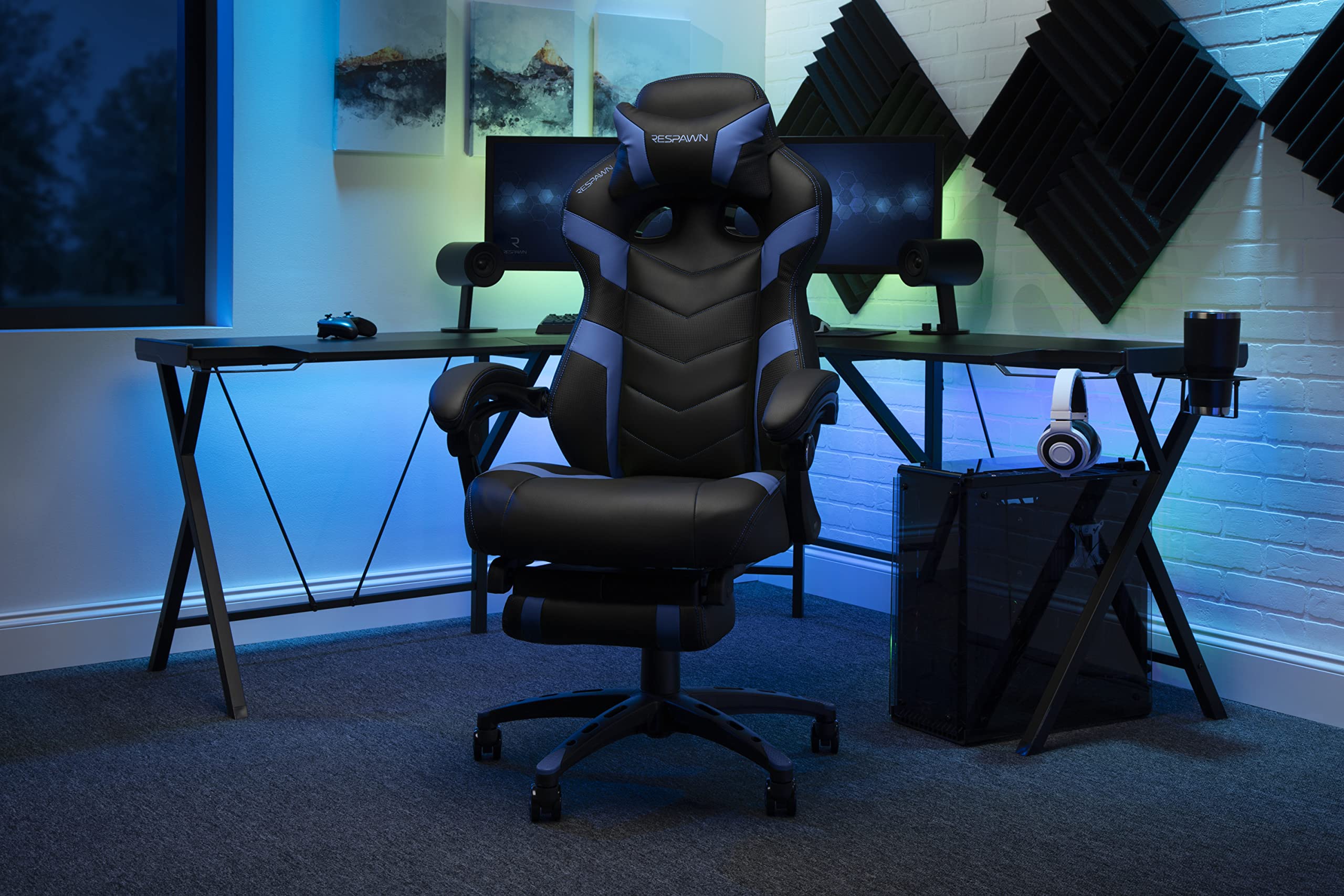 RESPAWN 110 Ergonomic Gaming Chair with Footrest - Racing Style High Back Office Chair with 360 Swivel, Adjustable Lumbar Support & Headrest Pillow - Perfect for PC Gaming, Home Office & Streaming Setup (2021 Blue)
