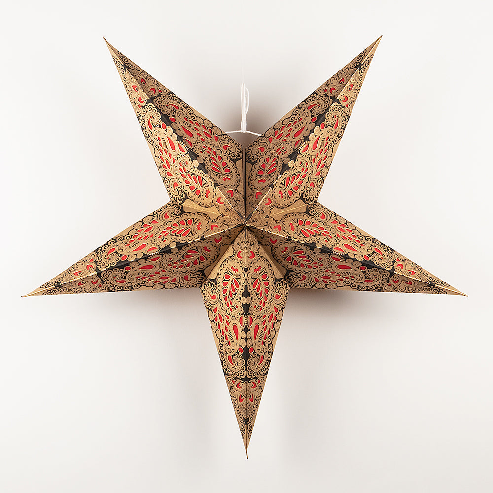 24 Gold, Red & Black Paisley Paper Star Lanterns - Hanging Decorative Lights for Party, Wedding, Festival & Home Decor