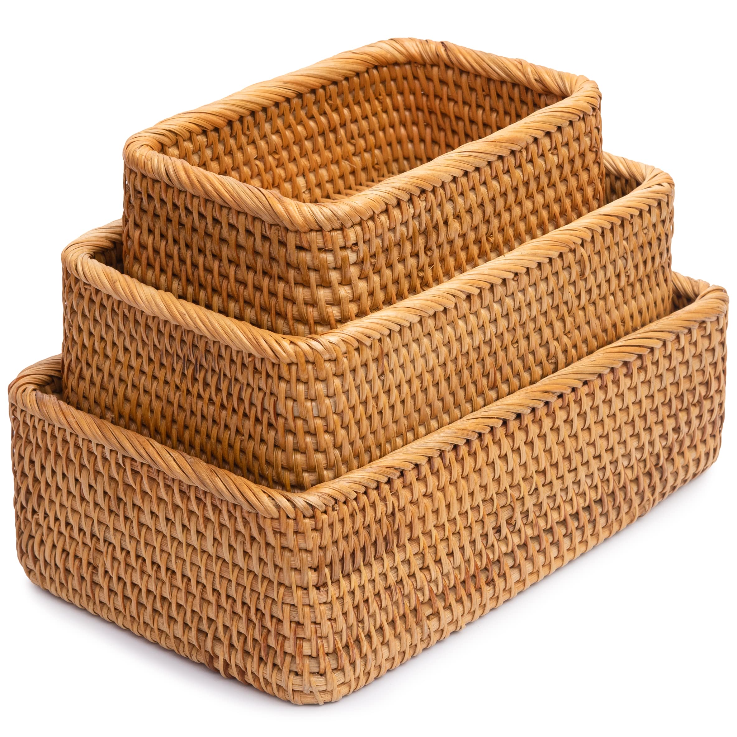NATUREOME Wicker Storage Basket Set of 3 - Honey Brown Rattan Organizer for Kitchen, Bathroom, Living Room & Pantry | Home Decor Storage Box for Countertop, Shelves & Sink Organization | Perfect for Home, Office & Gift Giving