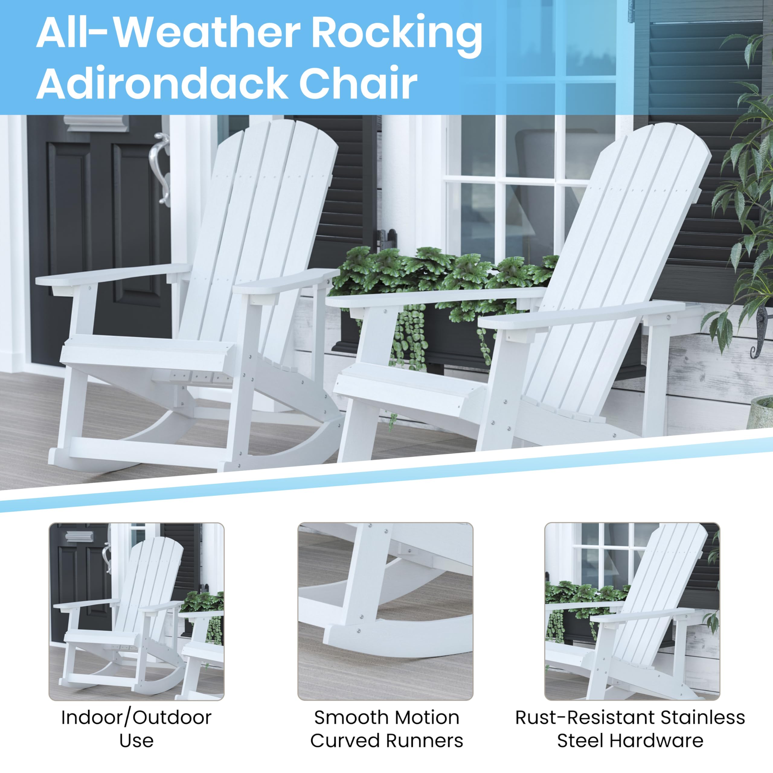 EMMA + OLIVER 2-Piece Marcy Adirondack Rocking Chairs & Fire Pit Set - White Polyresin Construction with Metal Wood Burning Fire Pit - Includes Spark Screen & Poker Tool - Perfect for Patio, Garden, Backyard, and Outdoor Relaxation