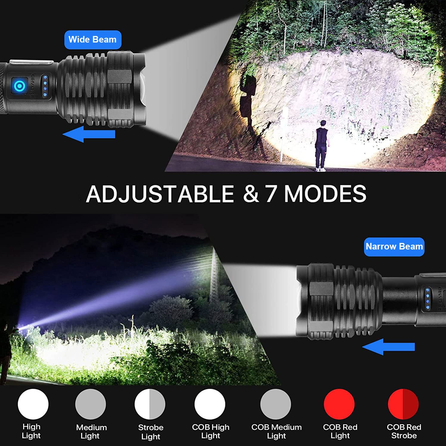 200,000 Lumens Rechargeable LED Flashlight - Super Bright Waterproof Flashlight with 5 Modes & USB Output - High Power Flashlight for Camping, Hiking, Emergency, Outdoor Adventures & Power Outages