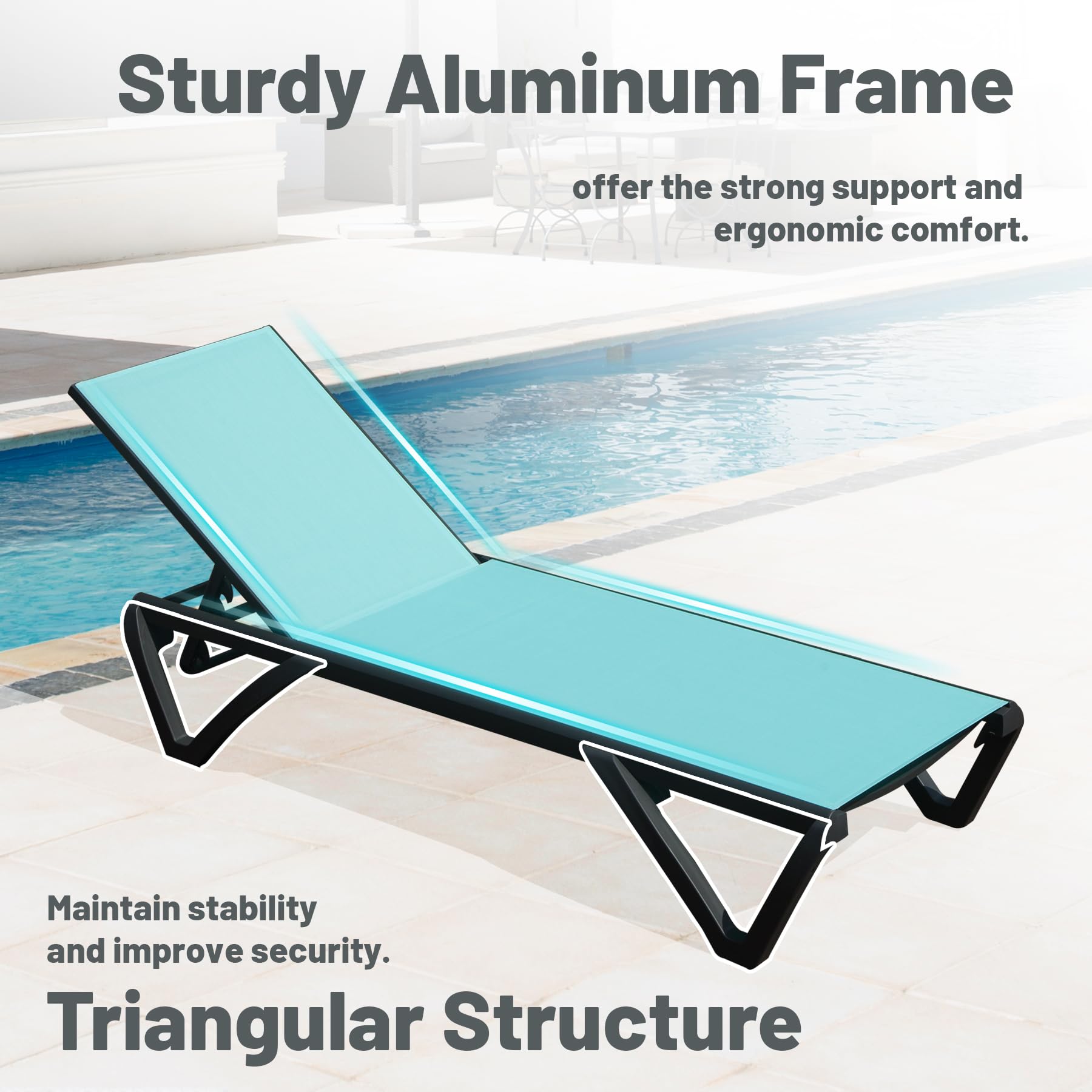 Domi Patio Lounge Chairs Set of 2 - Adjustable Aluminum Pool Chaise Lounges with Wheels for Outdoor Relaxation | Perfect for Poolside, Garden, Beach, Backyard & Patio in Turquoise Blue | Durable & Comfortable Outdoor Furniture for Sunbathing & Lounging