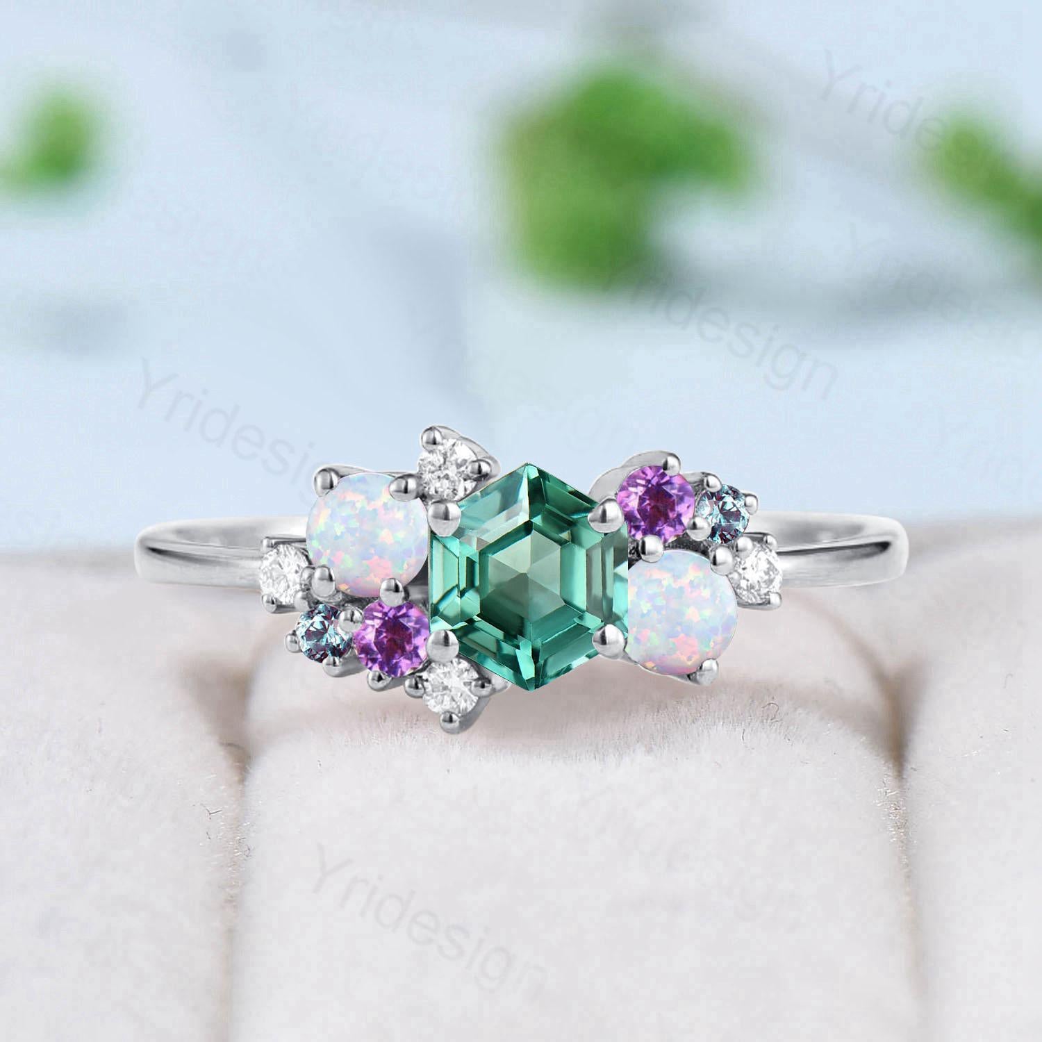 Hexagon Cut Green Sapphire Engagement Ring - 14K/18K Rose Gold/Silver Wedding Band with Opal, Amethyst & Alexandrite Accents | Unique Cluster Bridal Ring for Women, Perfect for Proposals, Anniversaries & Special Occasions