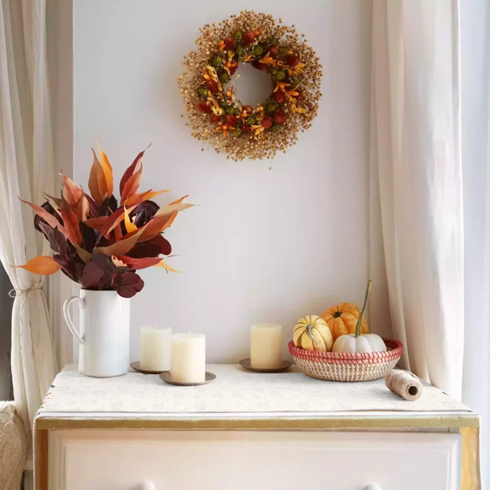 72 Inch Cotton Linen Table Runner - Farmhouse Autumn Decor with Pumpkin & Maple Leaf Design for Dining Table, Coffee Table, Wedding & Banquet | Fall Harvest Kitchen Decor