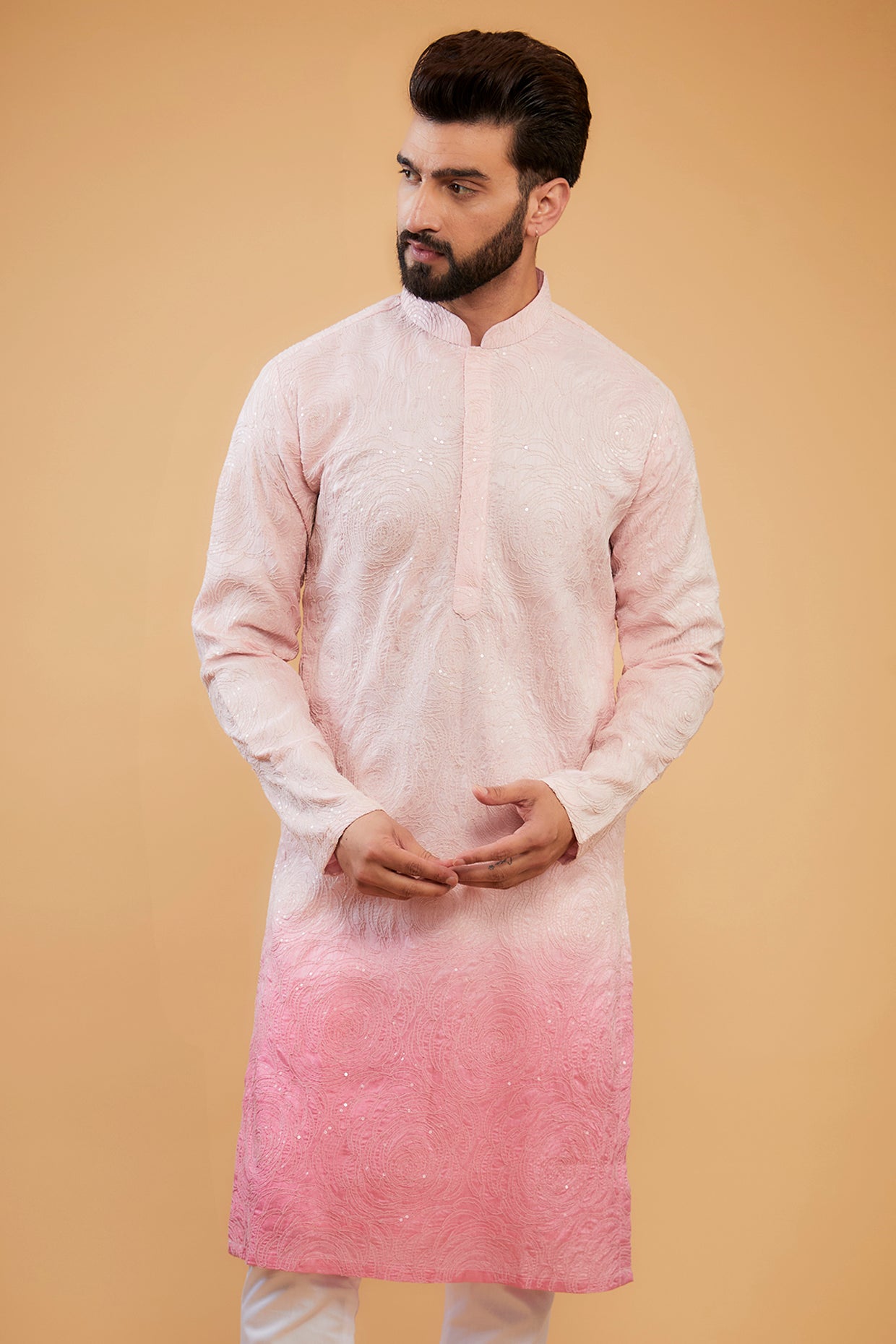Elegant Pink Ombre Chikankari Kurta with Delicate Sequin Embroidery - Perfect for Festivals, Weddings & Ethnic Occasions