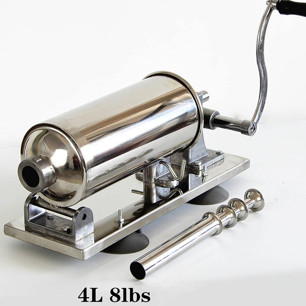 Stainless Steel Manual Sausage Stuffer - Horizontal Meat Filler & Sausage Maker Kit with Suction Base & Nozzles Attachments for Homemade Salami, Bratwurst, Chorizo - Perfect for Home Kitchen, BBQ Parties & Butcher Shops