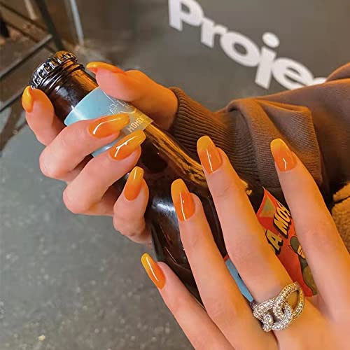 LEMEIZ Ombre Burnt Orange Coffin False Nails for Women - 24pcs Acrylic Press on Nails Kit with Orange to Yellow French Tips, Easy to Apply, Reusable Fake Nails for Parties, Weddings & Special Occasions