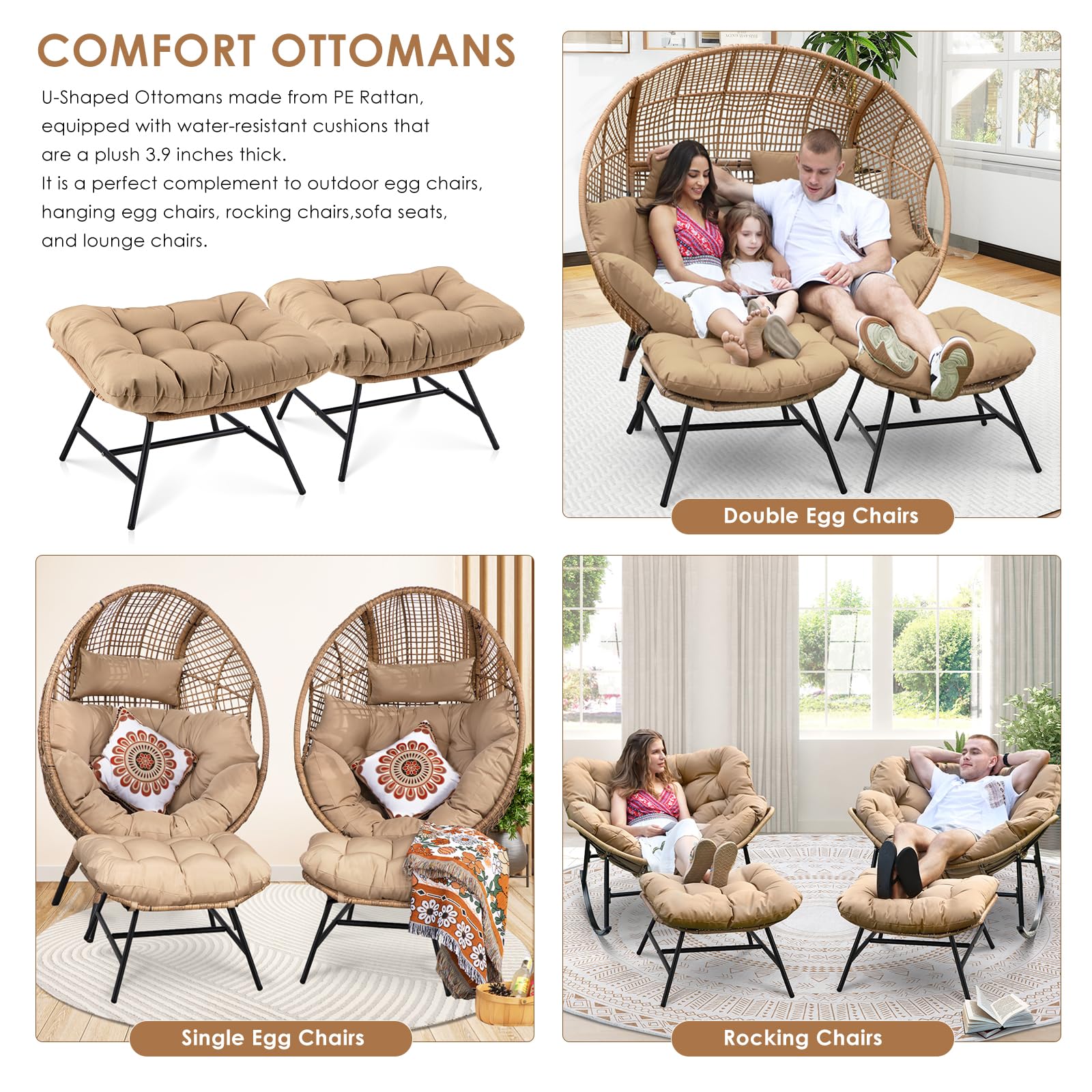 2-Piece PE Rattan U-Shaped Ottomans with 3.9