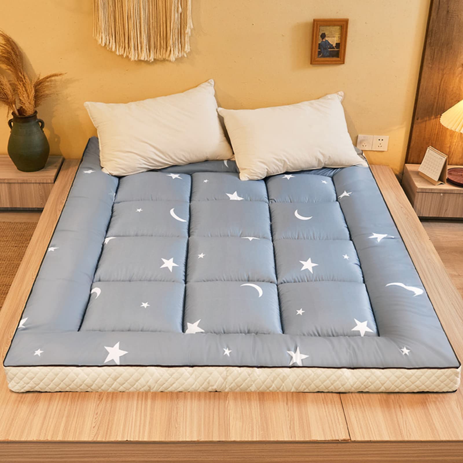 Thick Roll-Up Japanese Futon Mattress - Winter Quilted Floor Mattress | Portable Folding Tatami Sleeping Pad for Camping, Couch & Guest Bed | Star Pattern 180x200cm (71x79in) | Perfect for Small Spaces, Sleepovers & Outdoor Adventures