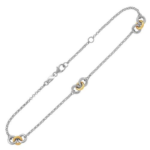 14K Yellow Gold & Sterling Silver Triple Ring Anklet for Women - Adjustable 10