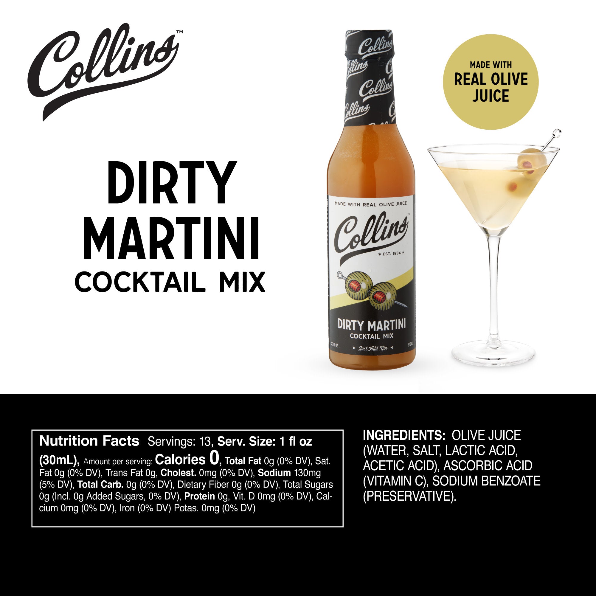 Premium Dirty Martini Cocktail Mix - 12.7 oz Bottle for Classic Martini Making at Home Bars & Parties | Perfect for Entertaining & Cocktail Enthusiasts