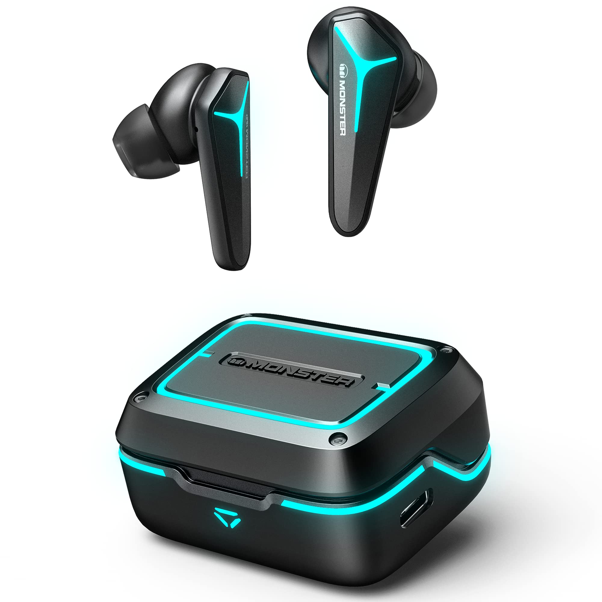 Monster Mission V1 TWS Gaming Earbuds - Bluetooth 5.0 Wireless Noise Cancelling Headphones with 48ms Ultra Low Latency, Cool RGB Light Effects, Music & Game Modes for Mobile Gaming, Workouts & Travel (Black)