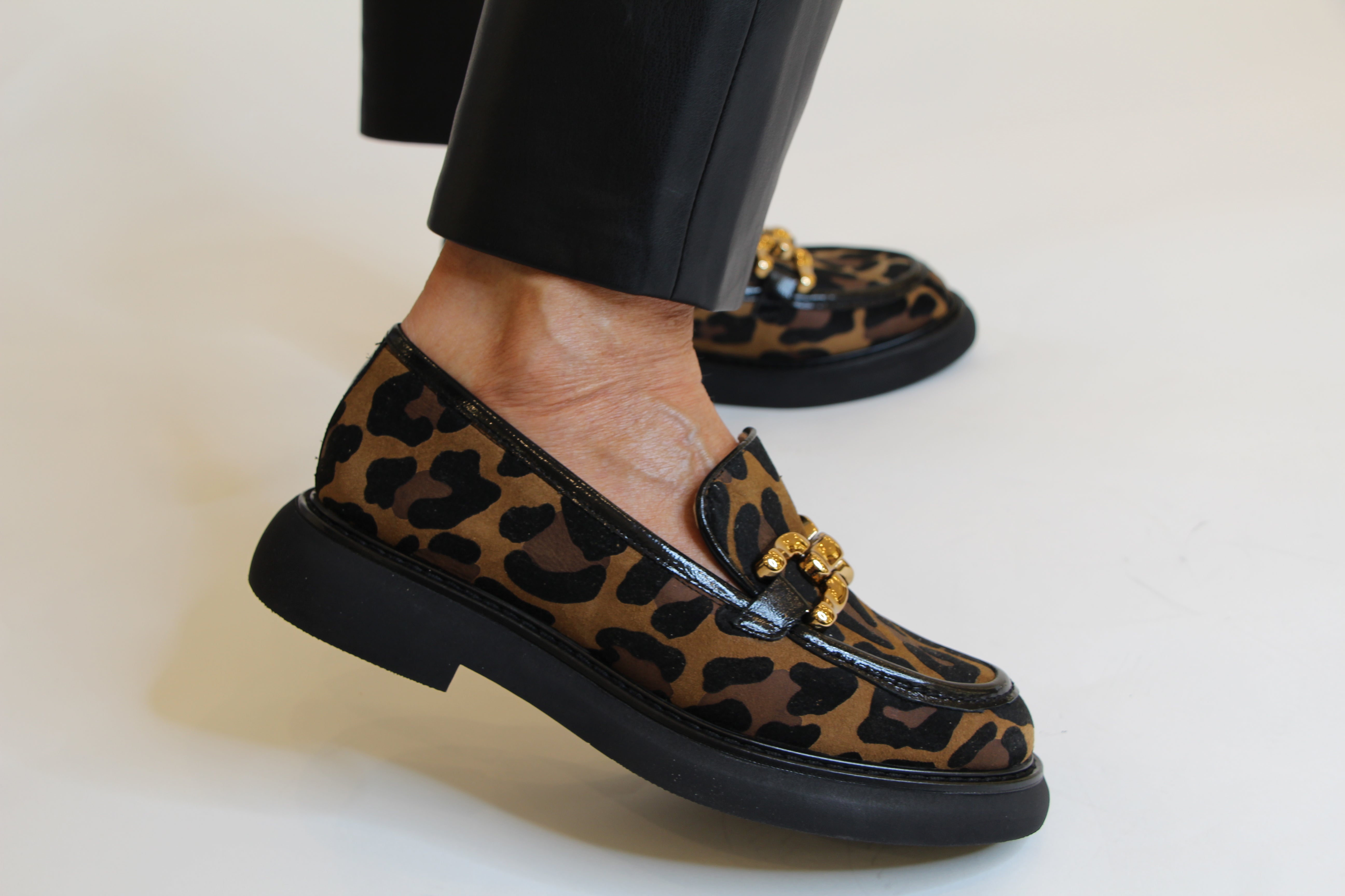 MARIAN Women's Leopard Print Chunky Heel Loafers with Gold Bit Detail - Stylish Slip-On Shoes for Work, Office & Casual Outfits