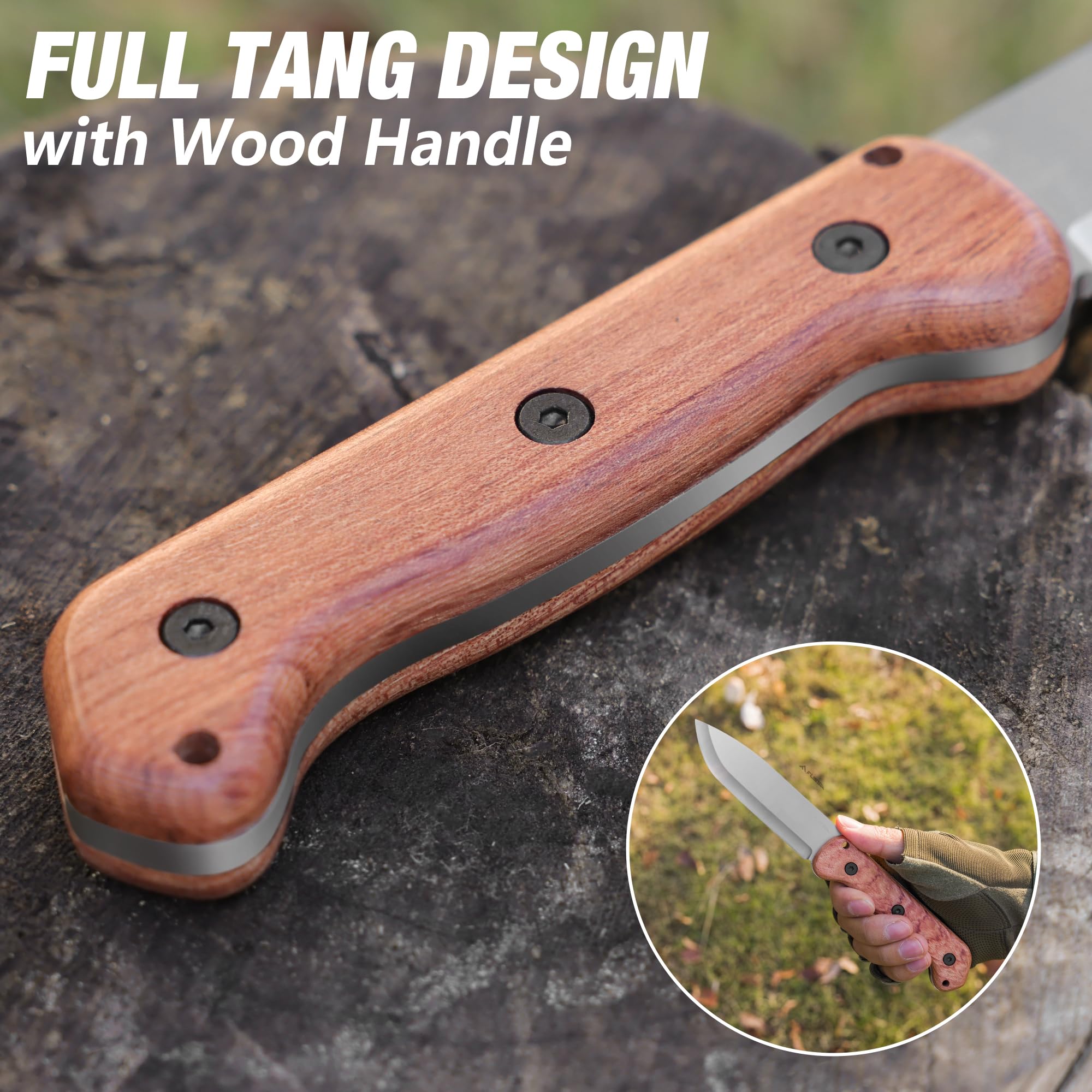 FLISSA 9 Inch Fixed Blade Hunting Knife - Premium D2 Steel Survival Knife for Camping, Bushcraft & Outdoor Adventures - Ergonomic Wood Handle with Leather Sheath - Perfect Gift for Men (Husband, Father, Friend) - Ideal for Skinning Game, Cutting Rope & Wilderness Survival