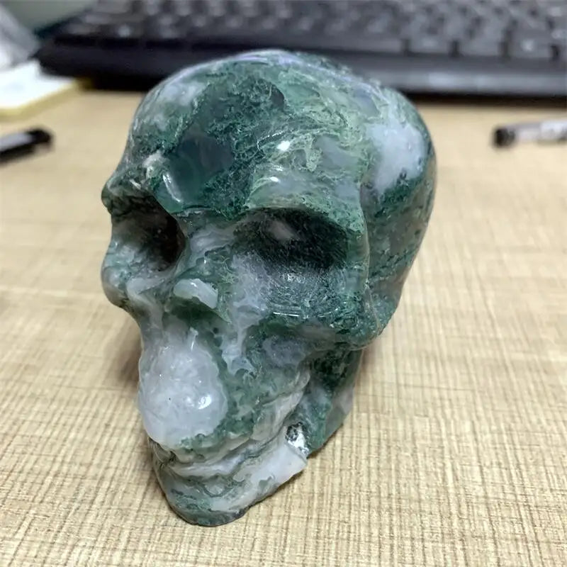 Natural Moss Agate Skull Carving - Healing Crystal Gemstone Sculpture for Home Decor, Meditation & Spiritual Healing (1PC) | Perfect for Yoga Spaces, Altars & Gift Giving