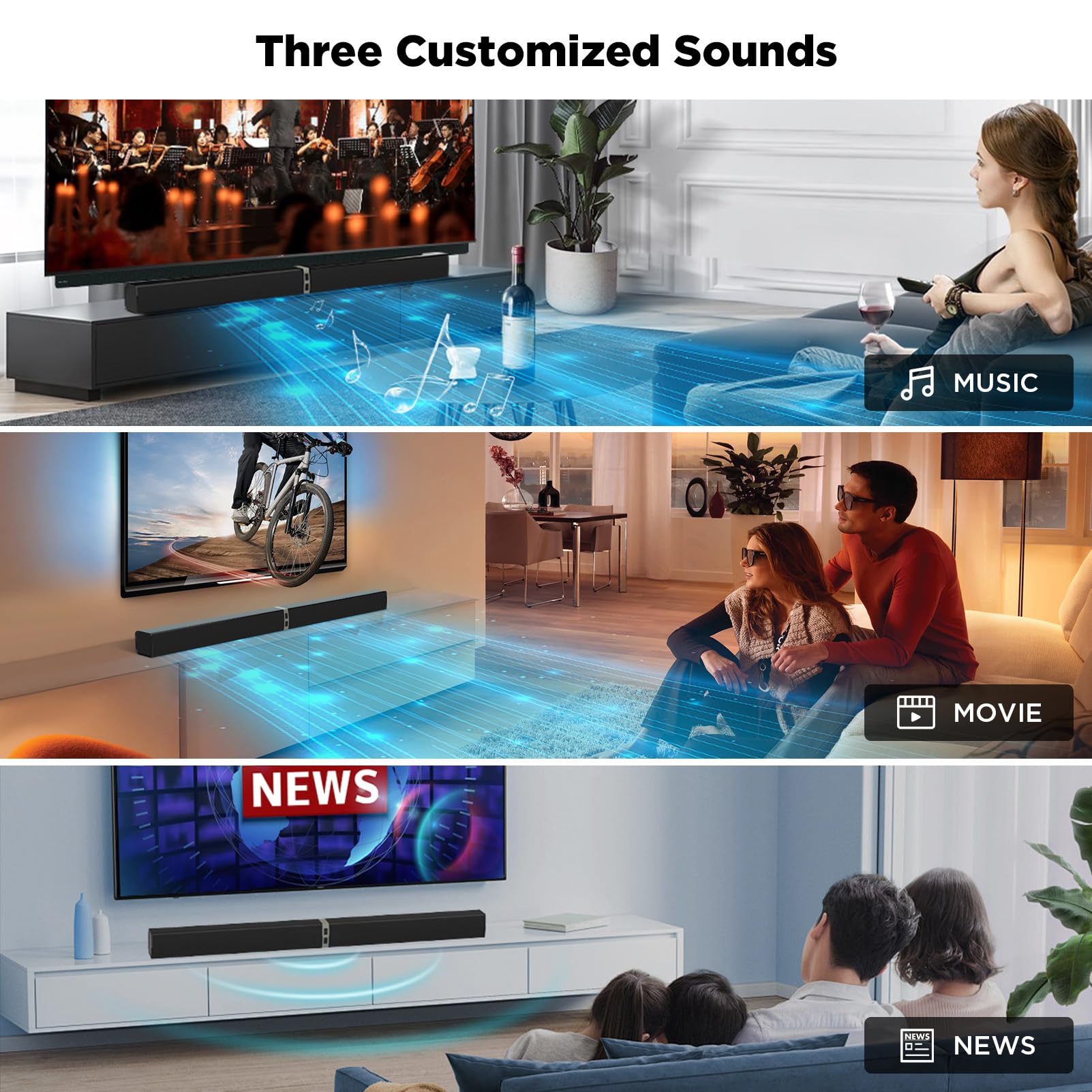 Premium MZEIBO 60W TV Sound Bar with Bluetooth 5.0 - 32-Inch Detachable Home Theater Speaker System (ARC/Optical/AUX) for Smart TVs - Perfect for Movie Nights & Gaming