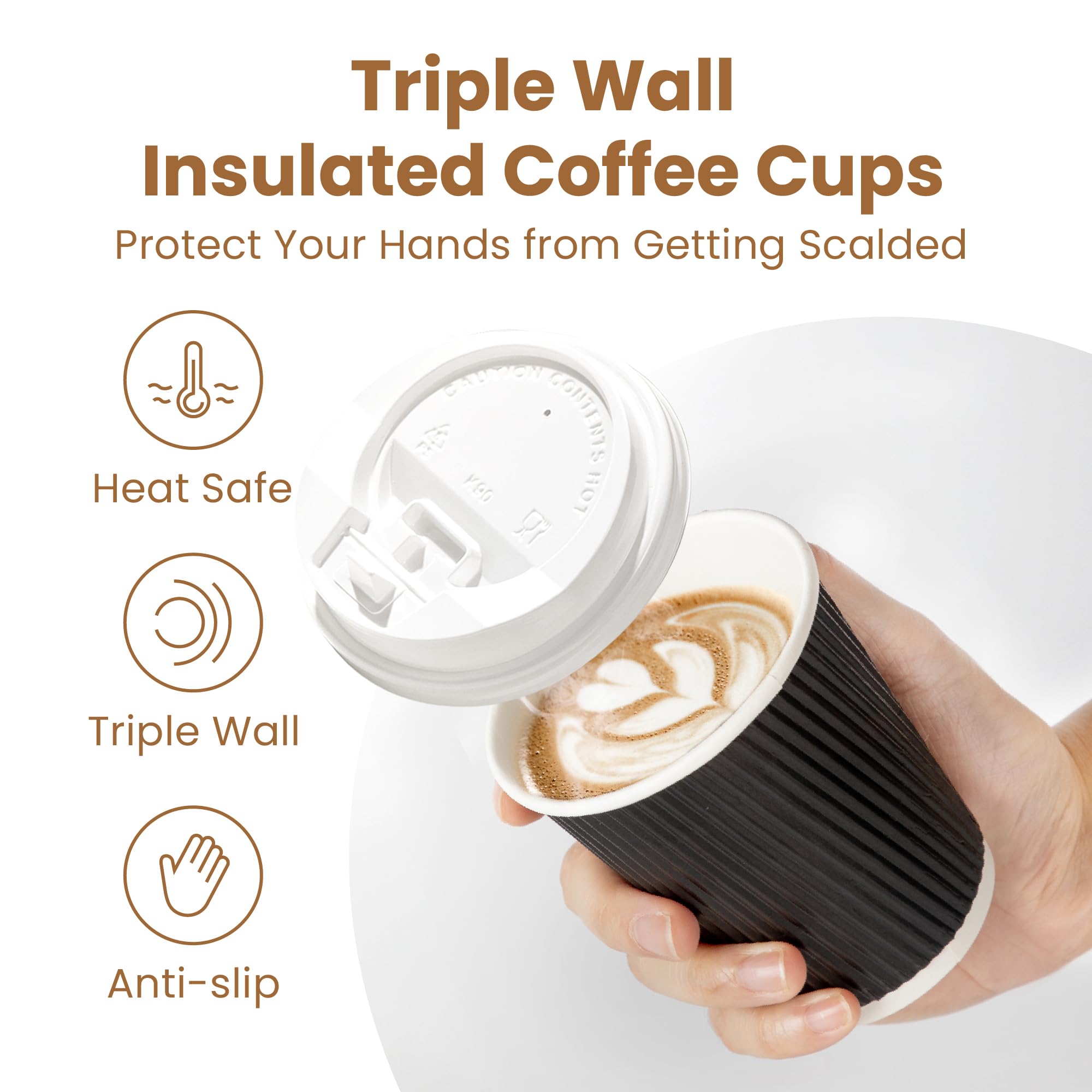 50 Pack 8 oz Black Disposable Coffee Cups with Lids & Stirrers - Triple Wall Insulated Hot Beverage To-Go Cups for Coffee, Tea, Hot Chocolate - Perfect for Travel, Office, Home, Cafes & Takeout (White Lids)
