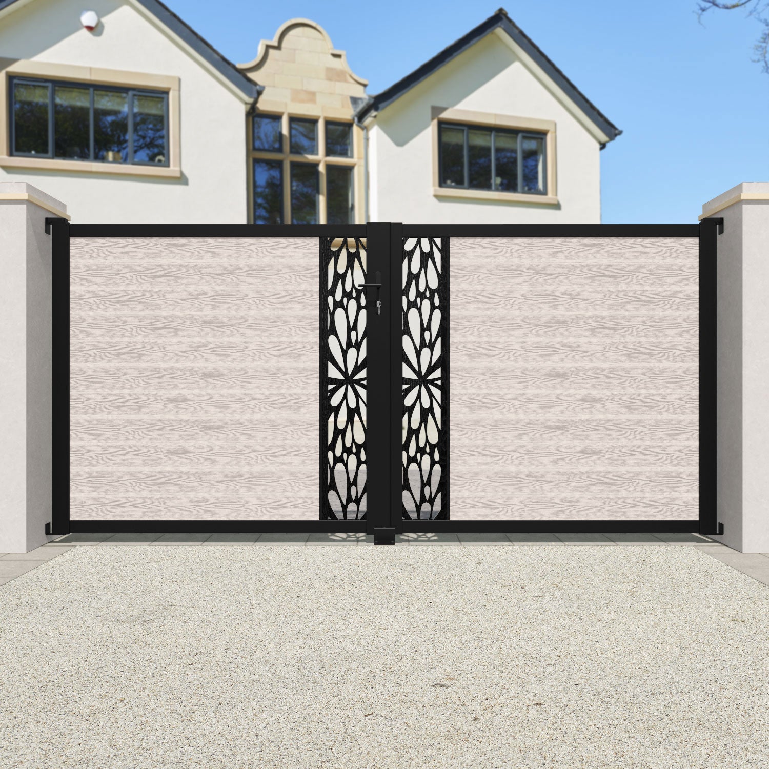 Classic Blossom Straight Top Driveway Gate - Mid Stone with Middle Screen - Perfect for Home Security and Garden Decoration