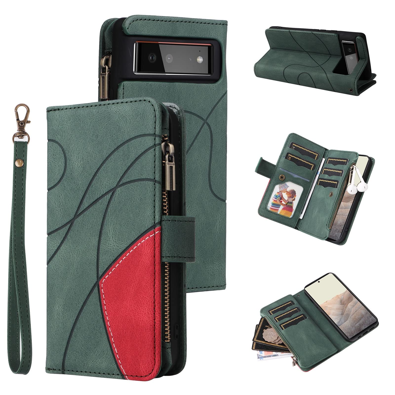 Google Pixel 6 Wallet Case - JIBA Flip Phone Cover with 9 Card Slots, Zipper Closure & Wrist Strap | Premium Leather Protective Case for Google Pixel 6 (Green) - Perfect for Travel, Work & Everyday Use