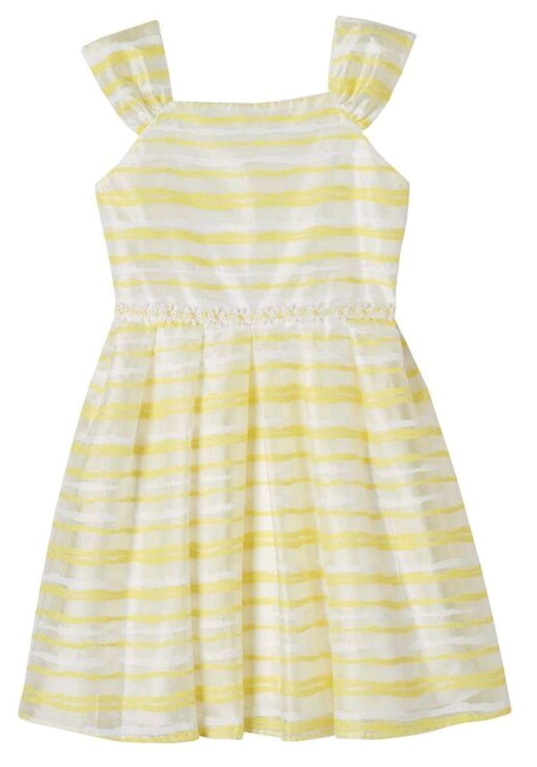 Elegant Big Girls' Shadow Stripe Organza Dress in White & Yellow - Perfect for Birthday Parties, Weddings & Special Occasions