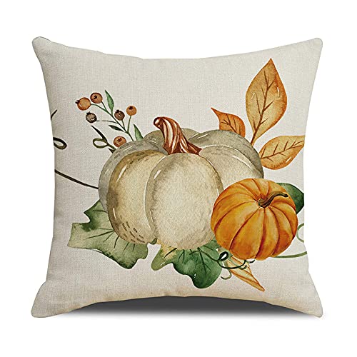 Fall Pumpkin Throw Pillow Covers Set of 4 - 18x18 Inch Autumn Thanksgiving Decorative Pillow Cases for Sofa, Couch, Bed - Cozy Home Decor for Living Room, Porch & Seasonal Holiday Decorations