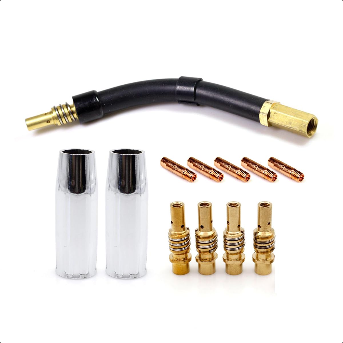 10-Pack MIG Welding Contact Tips 15AK 140.0059 with Gas Nozzle 145.0075 & Swan Neck 002.0009 - Replacement Parts for Welding Guns - Perfect for Automotive Repair, Metal Fabrication, and DIY Welding Projects