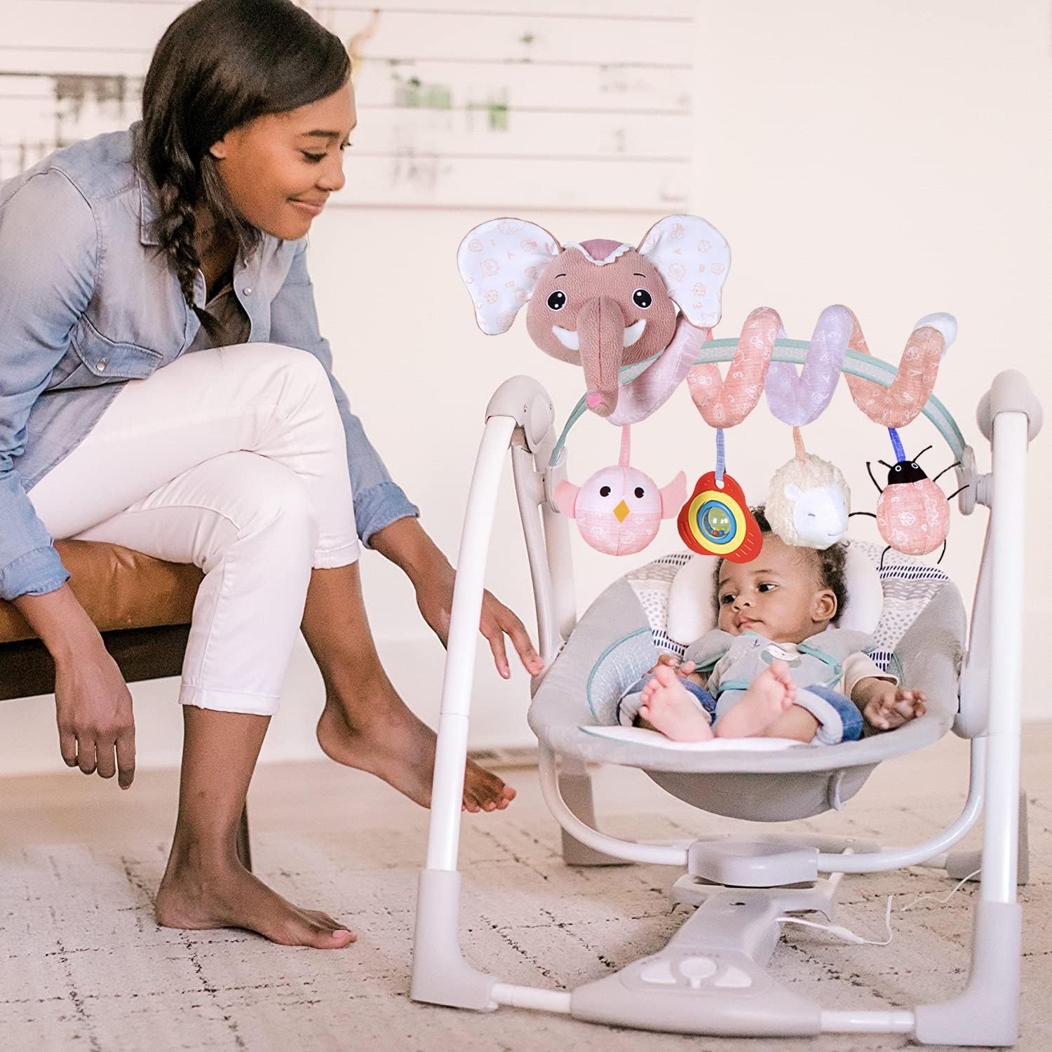Pink Elephant Baby Car Seat Toys - Spiral Hanging Developmental Toys for Newborns 0-12 Months | Crib, Bassinet & Stroller Mobile | Early Learning Sensory Toy for Infant Girls & Boys | Perfect for Road Trips & Nursery Decor