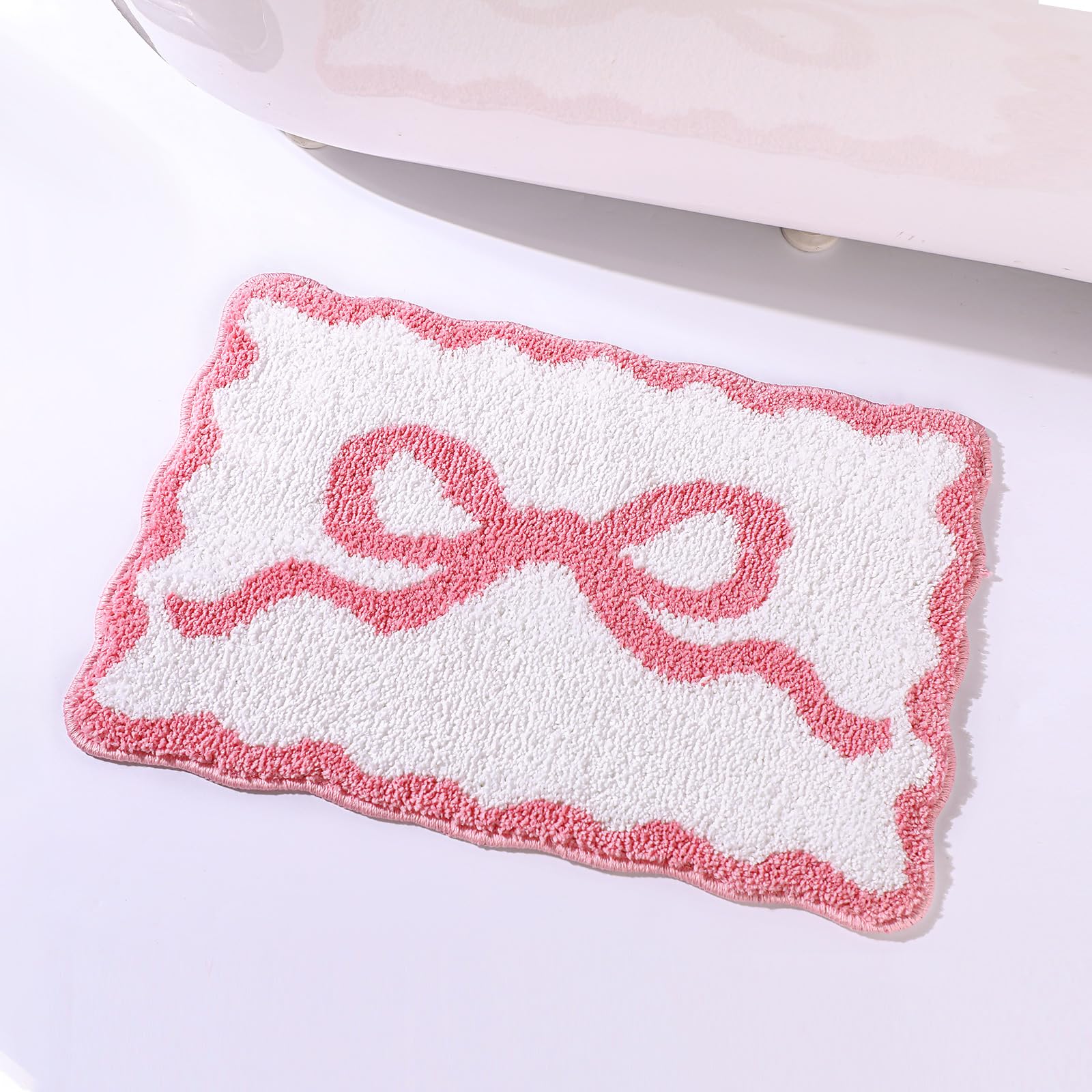 Non-Slip Scalloped Bow Bathroom Mat - Coquette Bow Rug for Bathroom, Bathtub & Shower - Cute Aesthetic Microfiber Absorbent Carpet - Preppy Room Decor for Bedroom & Vanity Area (Pink, 16