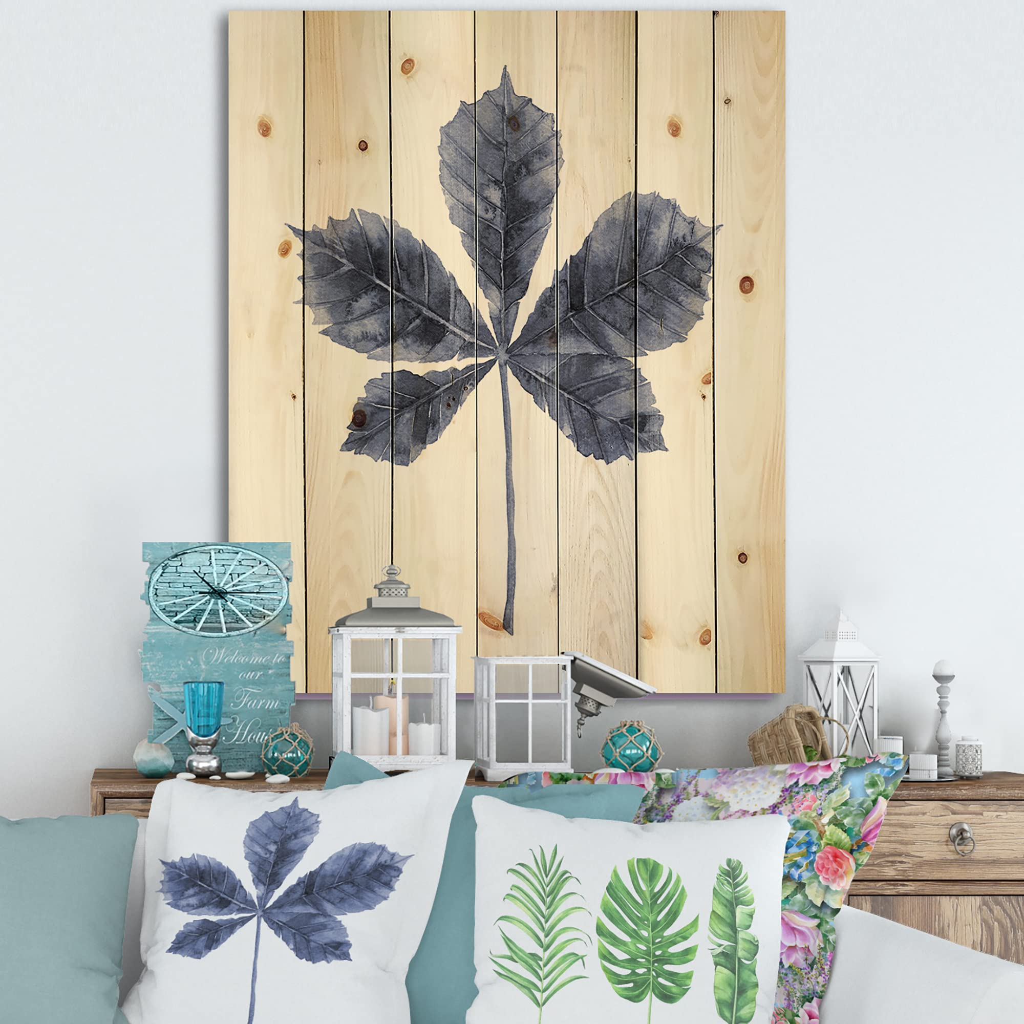 Navy Blue Chestnut Leaf Wood Wall Decor - Traditional Floral Wood Wall Art Panel, Large Pine Wood Wall Hanging for Living Room, Bedroom & Office Decor